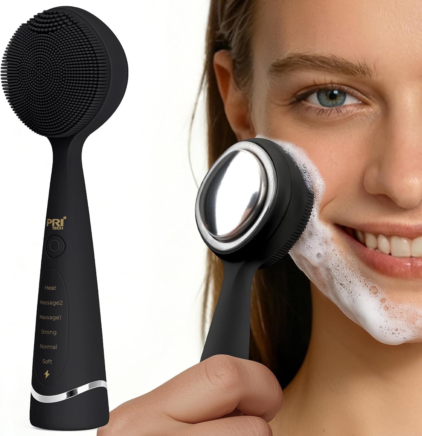 Gentle Face Cleansing Brush for Daily Makeup and Oil Buildup | Soft Silicone Bristles, 5 Adjustable Vibration and Warm Massage Side, Rechargeable Travel Skincare Tool for Women/Men, Black