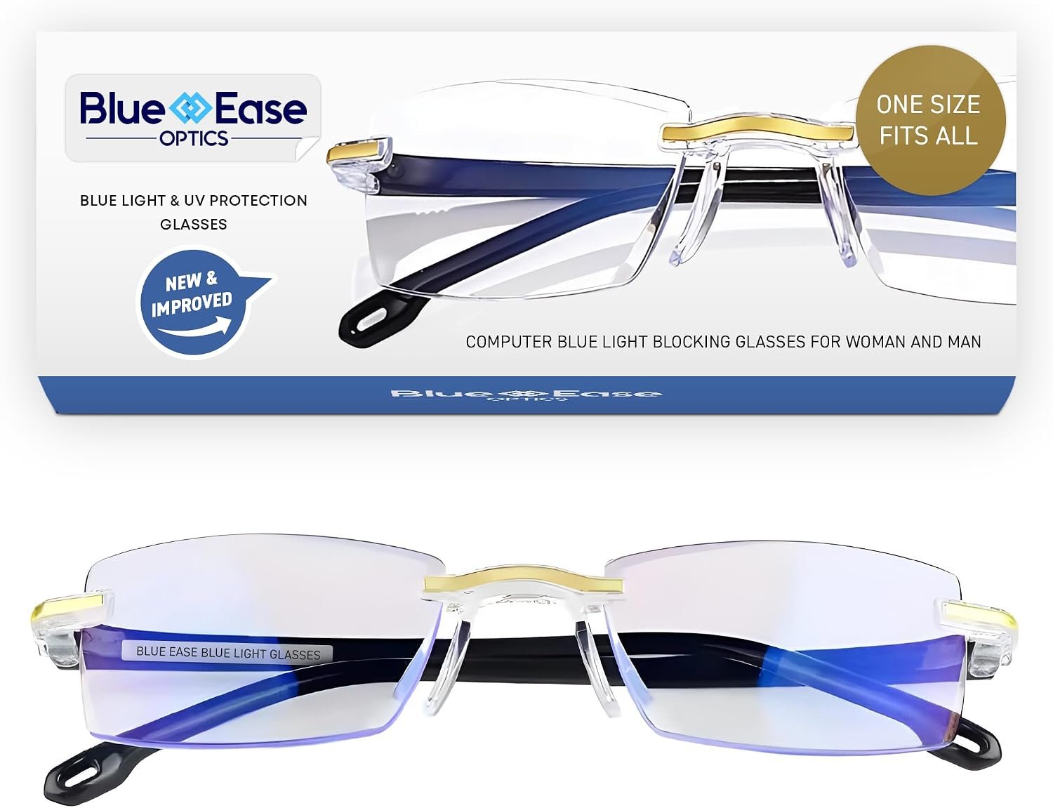 Blue Ease Optics Glasses for Women and Men Blue Light Blocking Glasses | Blueease Rimless Computer Screen Eyewear, Anti-Glare Slim Vision Lens, Eyeglasses, Gaming, Night Driving Use with Travel Case