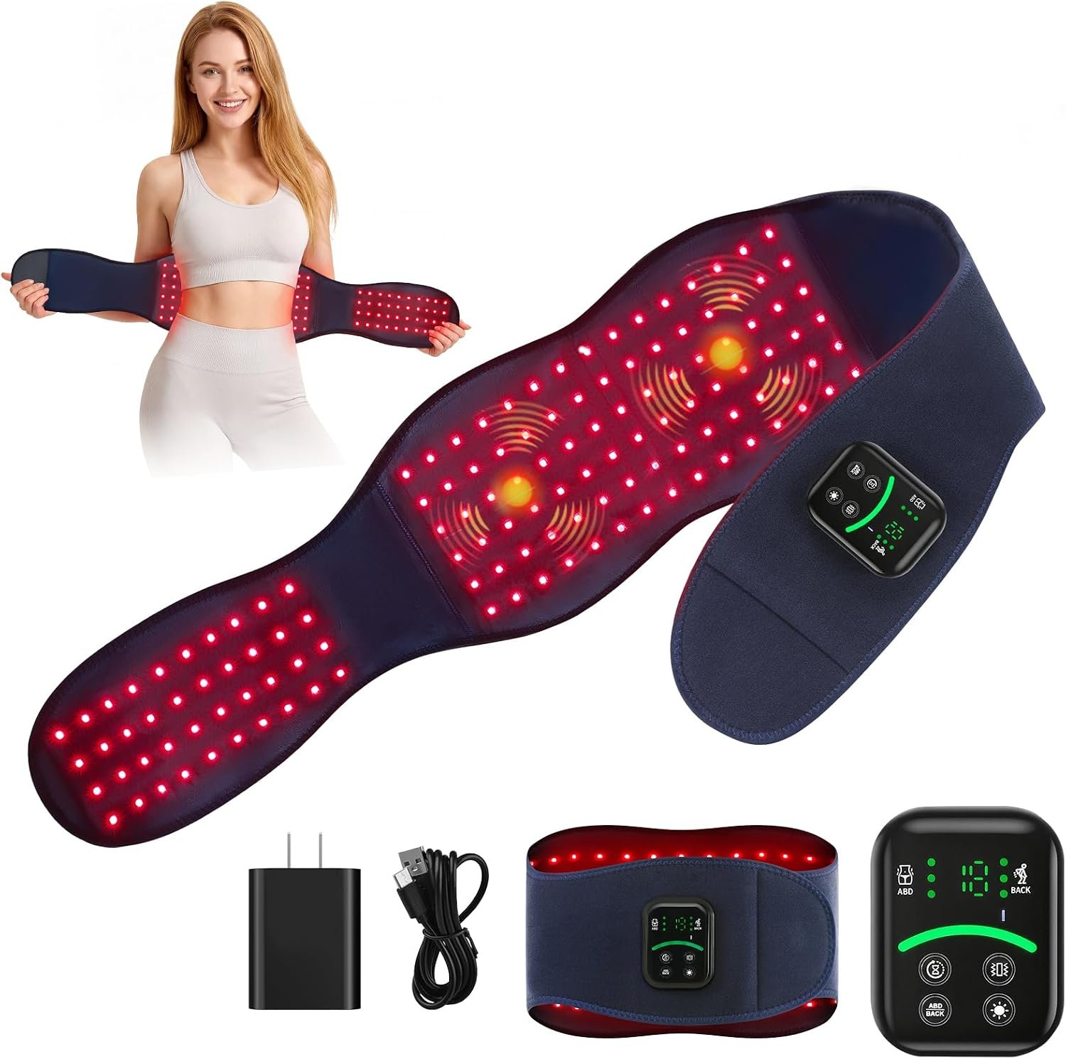 Red Light Therapy Belt for Body, Cordless Portable Infrared Waist Wrap | 3 Red Light & Vibration Modes, 10Hz/40Hz Pulse, Muscle Recovery, Circulation Support, Home/Office/Travel & Daily Wellness Use