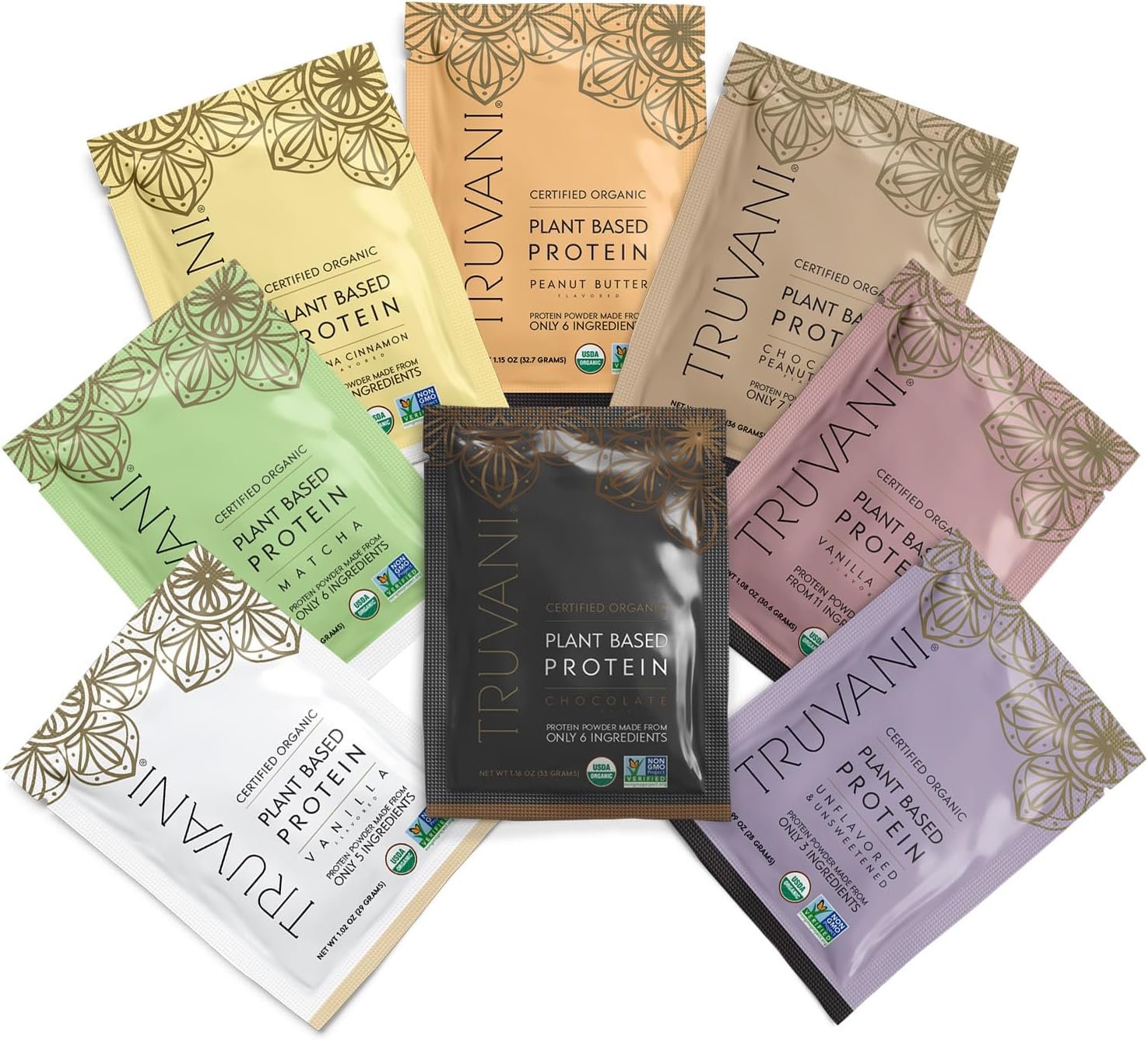 Truvani Organic Plant Based Protein Powder | Sample Pack | 8 Servings | Vegan | 20g Pea Protein | Single Serving Packets | Keto | Gluten & Dairy Free | Low Carb | No Added Sugar
