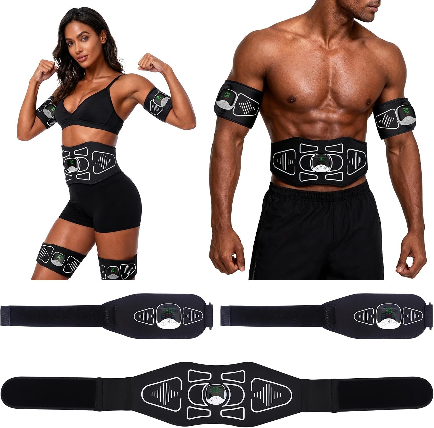 EMS Muscle Stimulator – Rechargeable Abs, Arms & Legs 3-Piece Set Trainer for Core Strength, Muscle Toning, and Workout Recovery – Wireless Body Stimulator for Men Women, Black