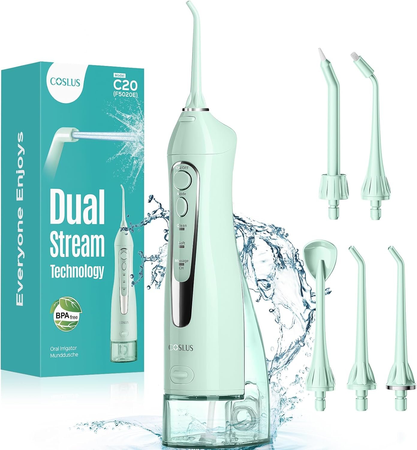 COSLUS ADA Accepted C20 Water Dental Flosser Teeth Pick, 300ML Larger Tank | Portable Rechargeable Oral Irrigator for Orthodontic & Sensitive Gums, Cordless for Travel, Family, Professional Set, Green