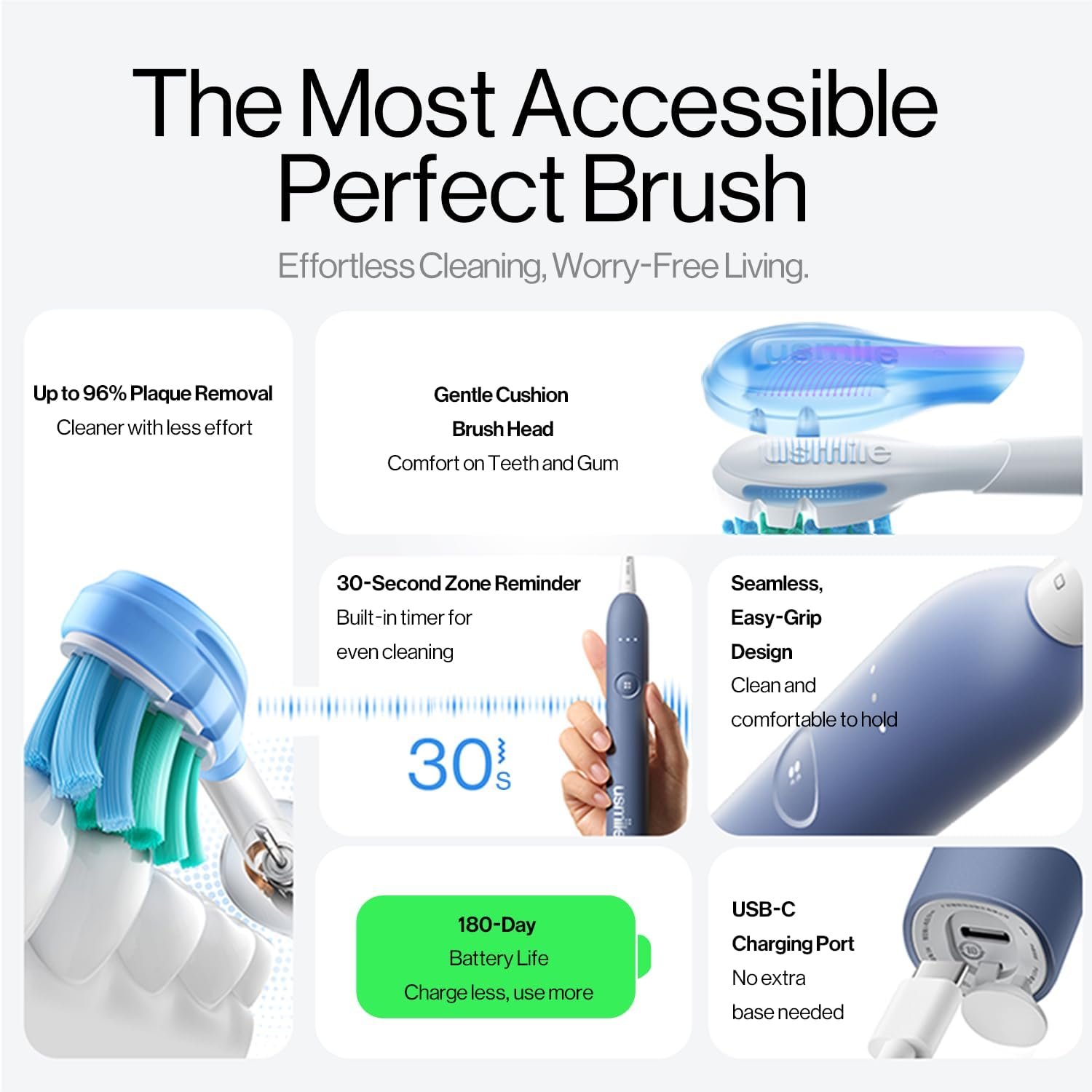 usmile P10S Sonic Electric Toothbrush, 180-Day Battery, Blue | 3 Modes Deep Clean & Whitening, Cushioned Gum-Care Brush Head for Sensitive Teeth, Smart Timer, 2 Heads, Rechargeable