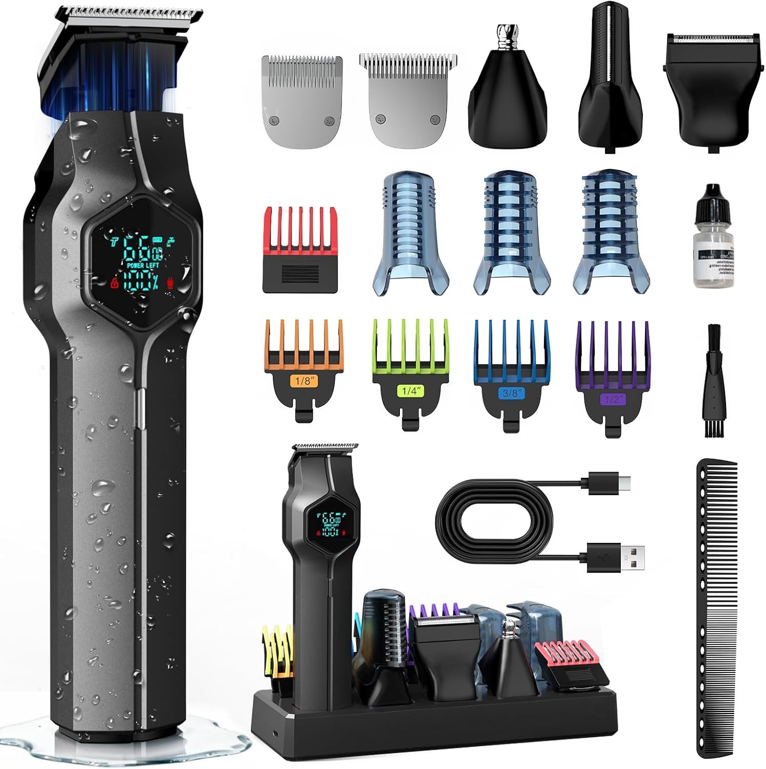 Beard Trimmer for Men, Magnetic Snap-on Replacement Heads, Gray | Charging dock, IPX7 waterproof, 180-min runtime, color-coded combs, nose-ear-body grooming