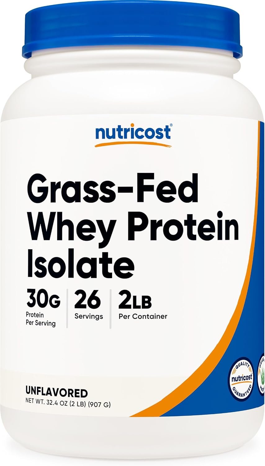 Nutricost Grass-Fed Whey Protein Isolate (Unflavored) 2LBS | GMO-Free, Gluten Free, Pure Protein
