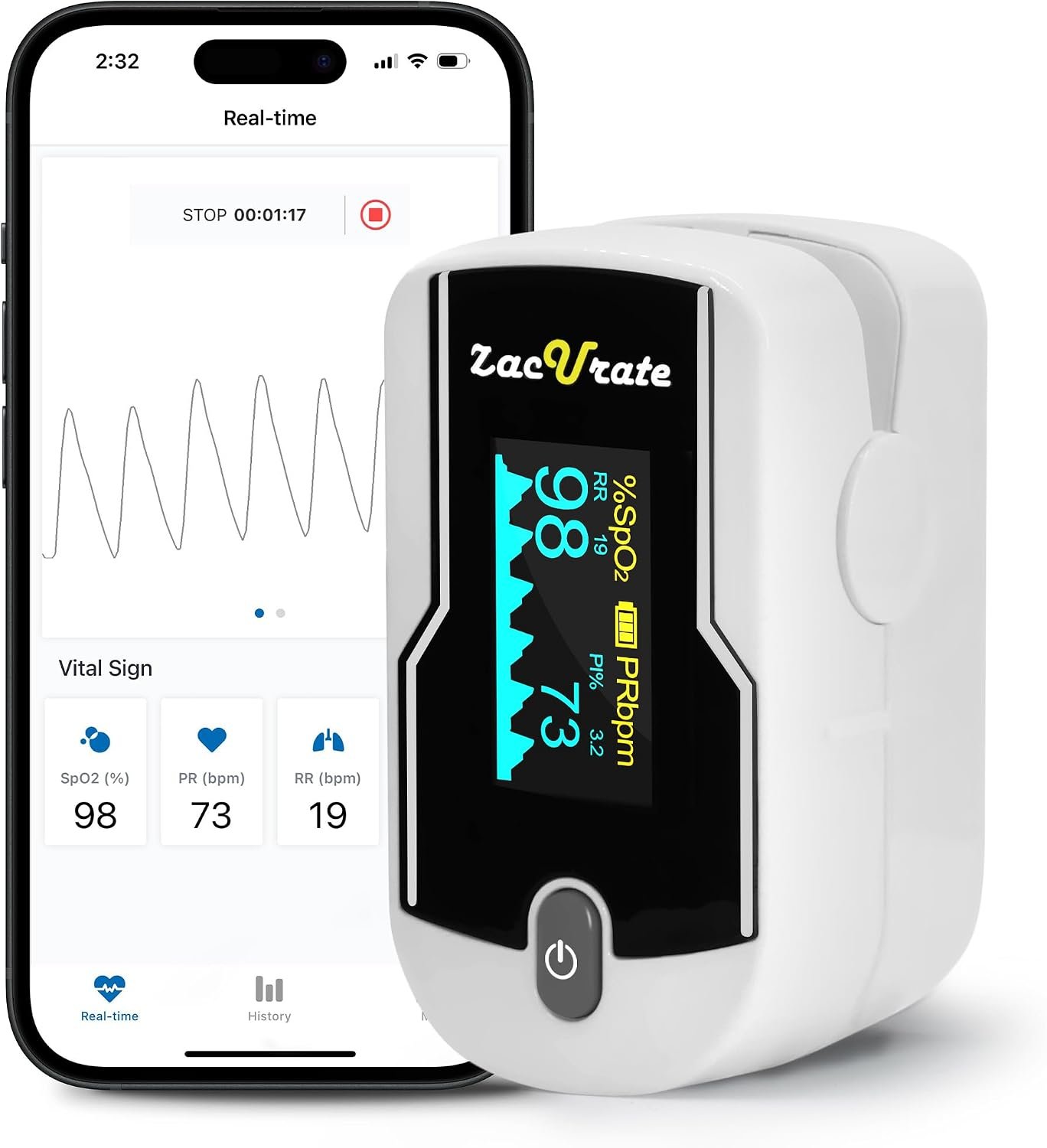 Zacurate 500E-B Wireless Bluetooth Fingertip Blood Pulse Oximeter Monitor with FREE App, SpO2, Heart Rate, Plethysmograph, and Perfusion Index Finger Oxygen Sensor Meter