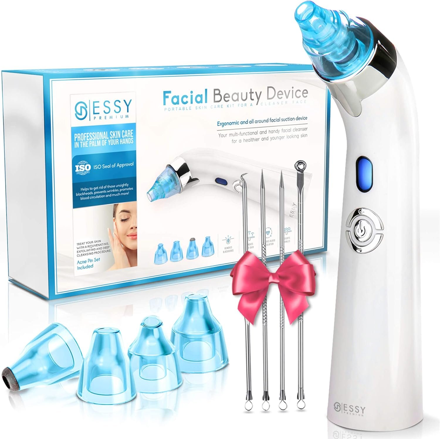 Essy Blackhead Remover Facial Cleanser Machine for Pimple Suction (Blue) | Pore Deep Suction, 5 level adjustable intensity, rechargeable, 4 suction probes, Suits All Skin Types