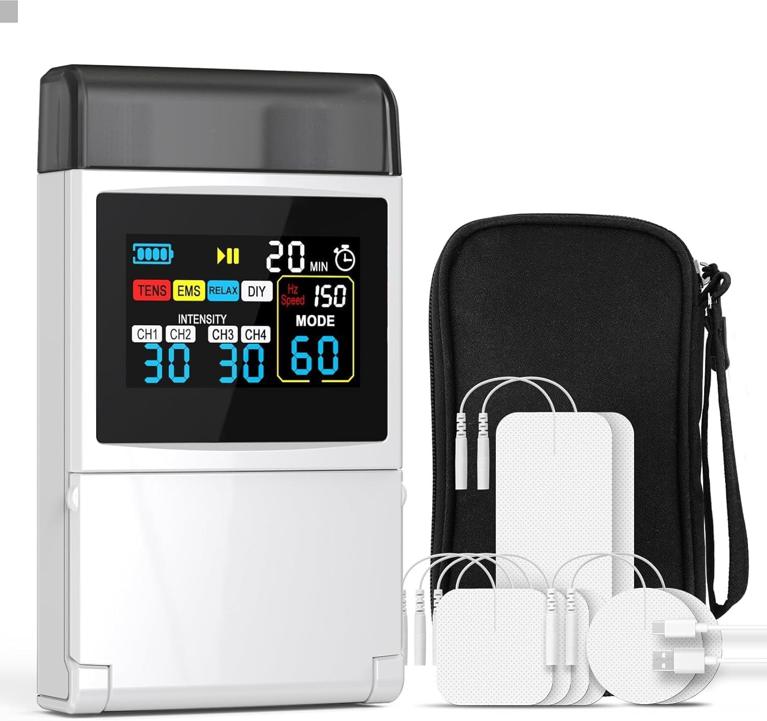 TENS Unit EMS Muscle Stimulator for Pain Relief, 4-in-1 TENS & EMS & Relax & DIY, 4-Channel 60 Modes 30 Intensity with Upgraded Color Screen for Back, Neck, Shoulder, Sciatica | 4 Channels,Color Screen,DIY Mode