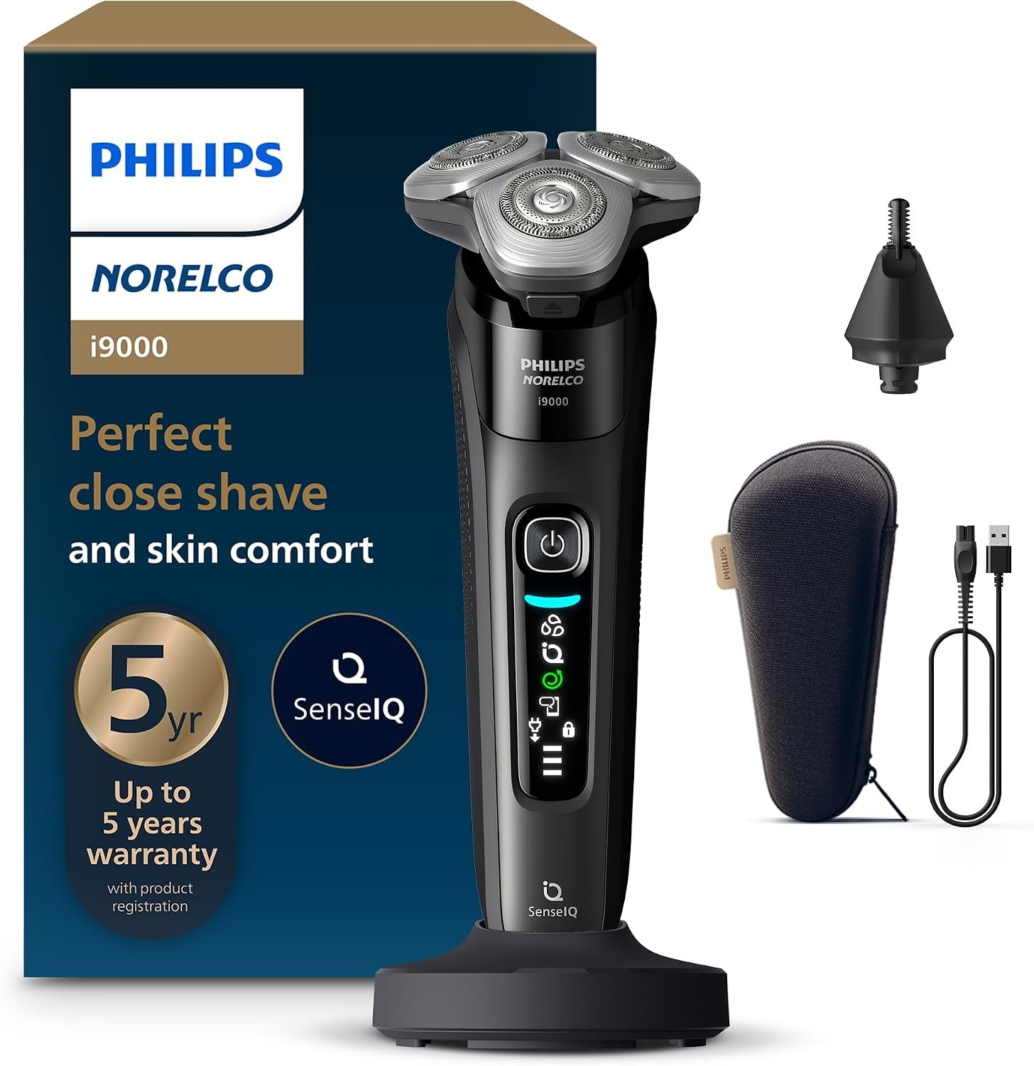 Philips Norelco i9000 Electric Shaver, Ink Black | 360° Rotating Dual SteelPrecision blades, SenseIQ Technology, Flexible Compact Heads, Includes Charging Stand, X9000/90