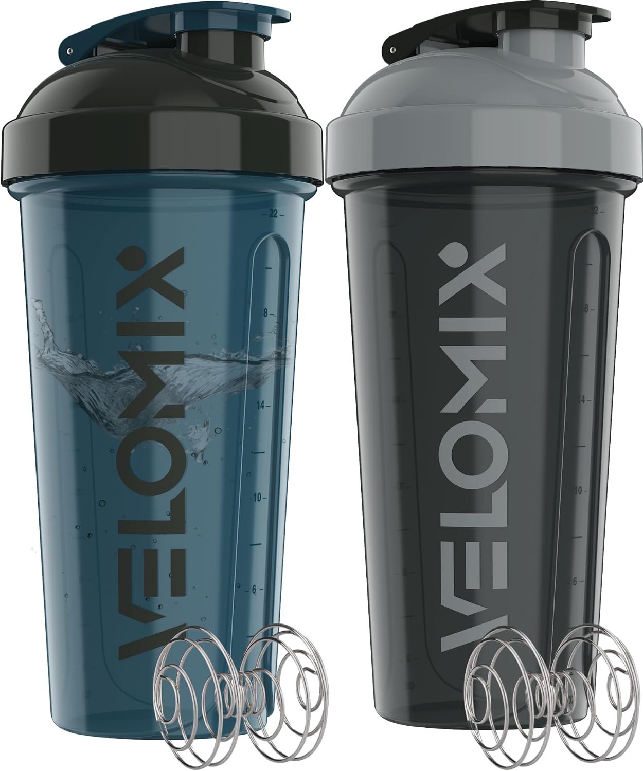VELOMIX 2 Pack 28oz Protein Shaker Bottle for Protein Mixes, ColorBurst | 2x Wire Whisk, Leak Proof Shaker Cups for Protein Shakes, Stackable, Dishwasher safe, BPA free, Pre Workout and Fitness ready