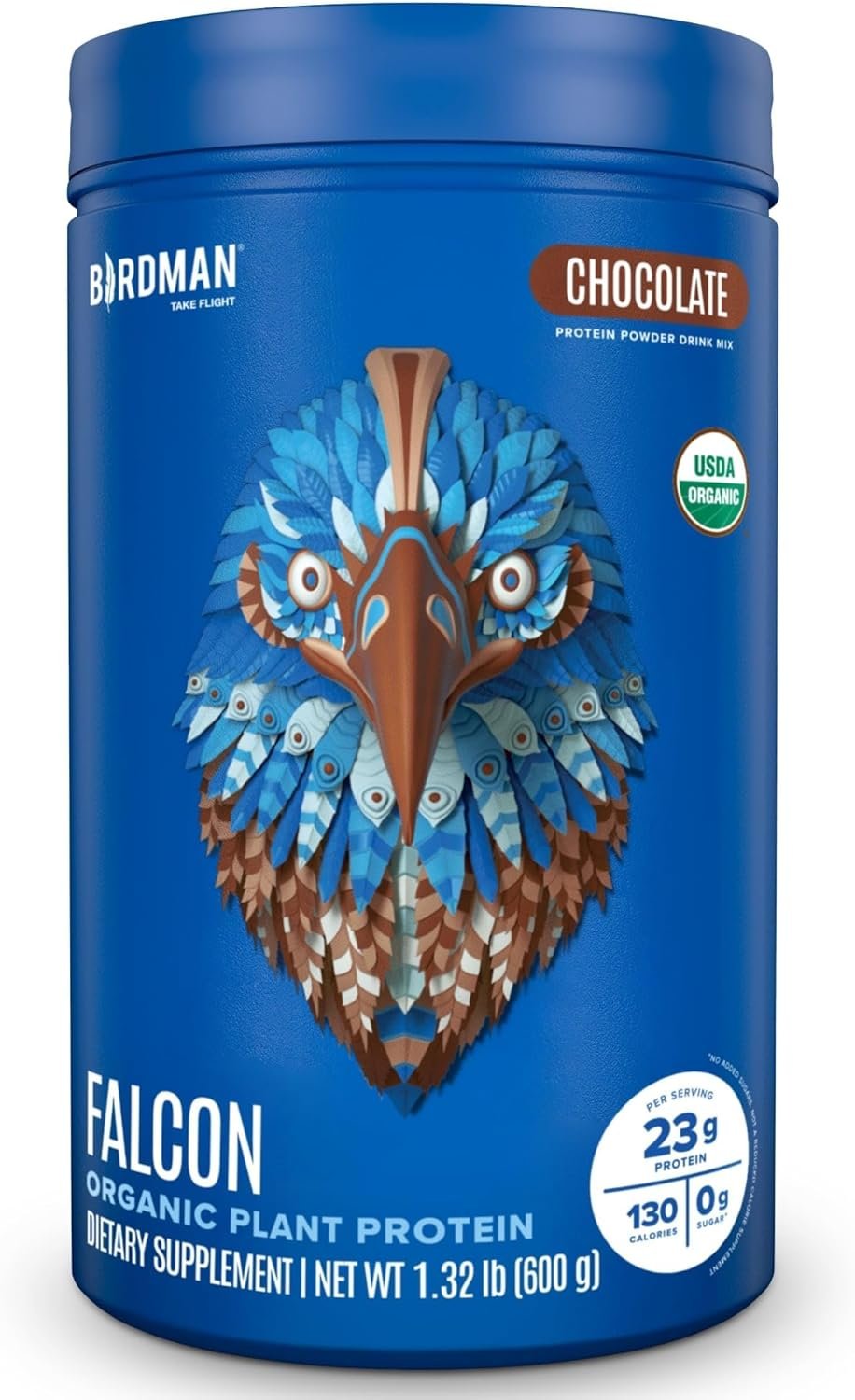 BIRDMAN Falcon Vegan Protein Powder Organic, Stevia & Sugar Free, Plant Based Protein, Low Carb, Dairy Free, Keto, Non Whey Protein, Probiotic, Pea Protein | Chocolate Flavor – 18 Servings – 1.32lb