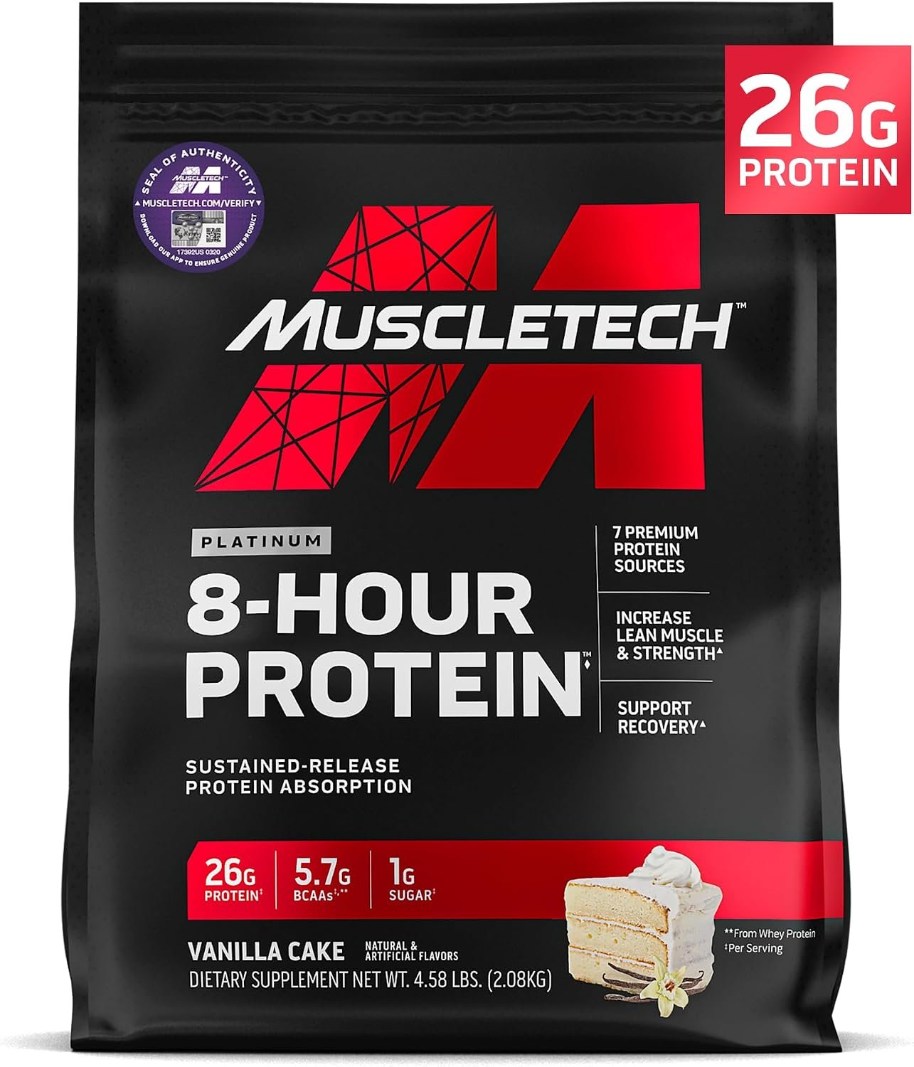 MuscleTech Platinum 8-Hour Protein Powder – Vanilla Cake, 50 Servings | 7 Premium Protein Sources with Whey & Casein Protein for Increased Lean Muscle, Strength, & Improved Recovery