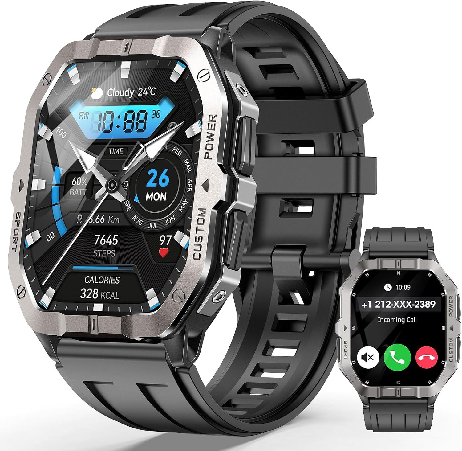 Military Smart Watch Built-in GPS,Bluetooth Calling, for iPhone & Android | 100+ Sport Modes for Men Fitness watch, Smartwatch with Heart Rate & Sleep Tracking, 2ATM Waterproof , Black