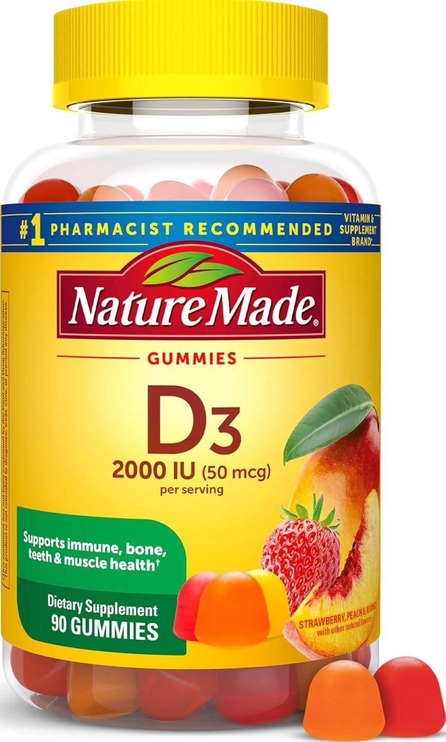 Nature Made Vitamin D3 2000 IU (50 mcg) per Serving, 90 Vitamin D Gummies | Vitamin D Gummies for Adults for Immune, Bone, Teeth and Muscle Health Support, Fruit Flavors, 45 Day Supply