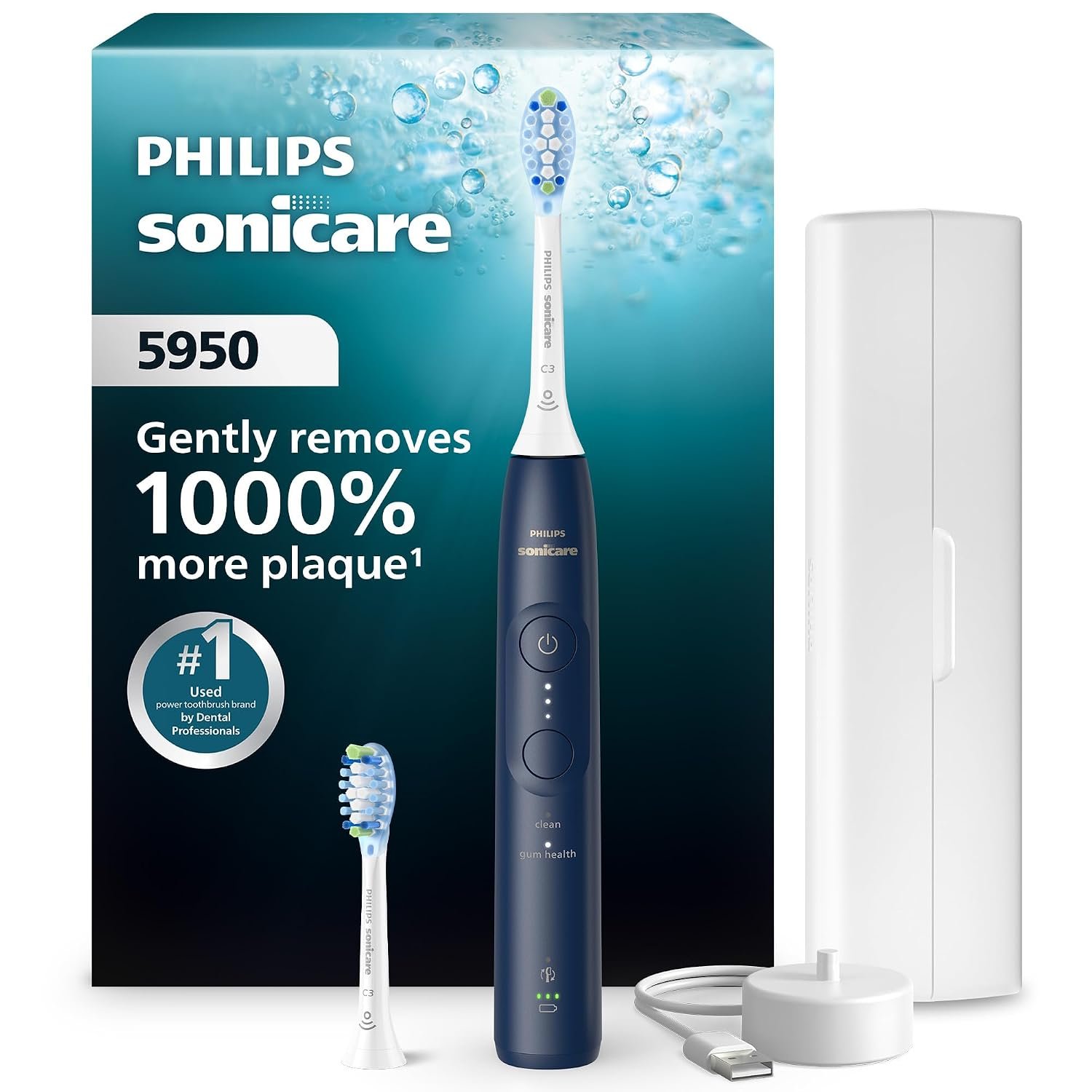 Philips Sonicare 5950 Rechargeable Electric Toothbrush, 2 Brush Heads, Navy | 1000% More Plaque Removal¹, Pressure Sensor, 6 Brush Settings, 21-Day Battery, Includes Travel Case, HX7133/03