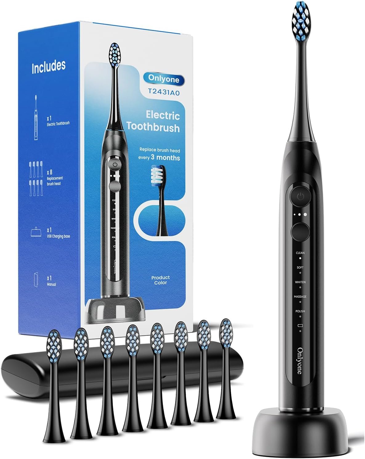Onlyone Electric Toothbrush for Adults, Rechargeable Electric Toothbrush with 8 Brush Heads, Travel Case, Charging Base & Wireless Charging – 5 Modes with Smart Timer