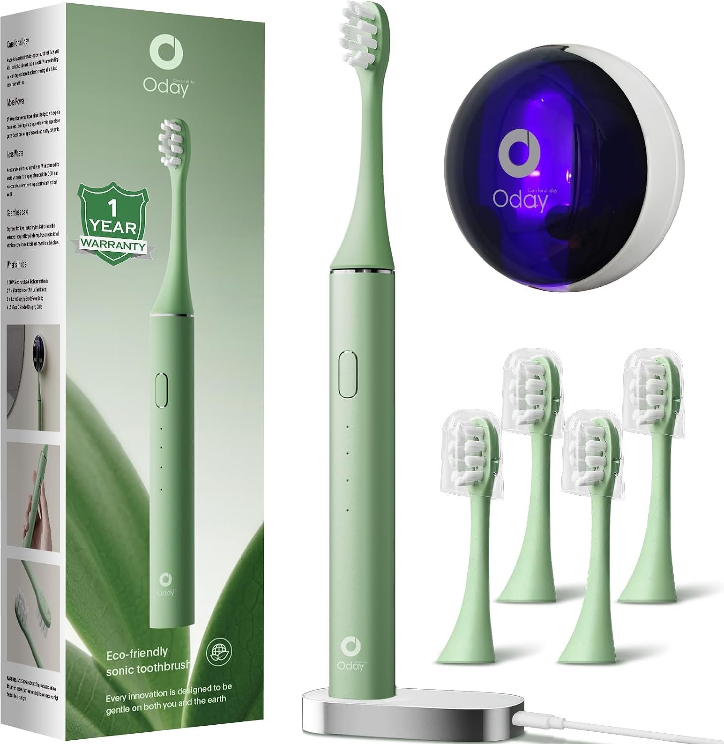 Oday Sonic Electric Toothbrush for Adults with Wall Mounted UV Cleaner | 4 Plant-Based Heads, Smart Timer, Green Aluminum Design, Wireless Charging, IPX7 Waterproof, 1 Month+ Battery