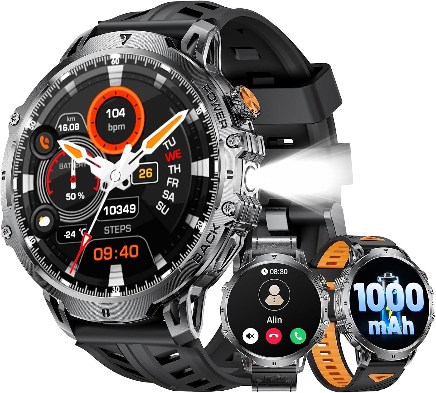 LIGE Military Smart Watches for Men(3 Bands),1000mAh/1.85″ HD Large Screen Smartwatch, Flashlight/110+ Sports Modes/IP68 Waterproof/Sleep Monitor, Fitness Tracker Watch for Android iOS,Jet Black