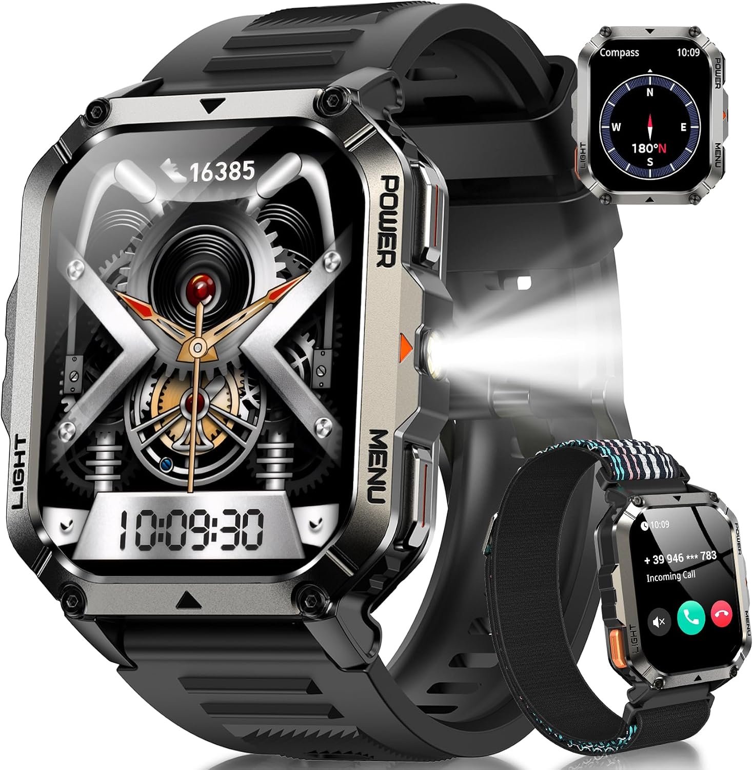 Military Tactical Smart Watches for Men, 100-Day Battery Rugged Fitness Watch with Compass & Flashlight, Sports Watch for Android with 2.01″ HD Display AI Voice, IP68 Waterproof Smartwatch (Black)