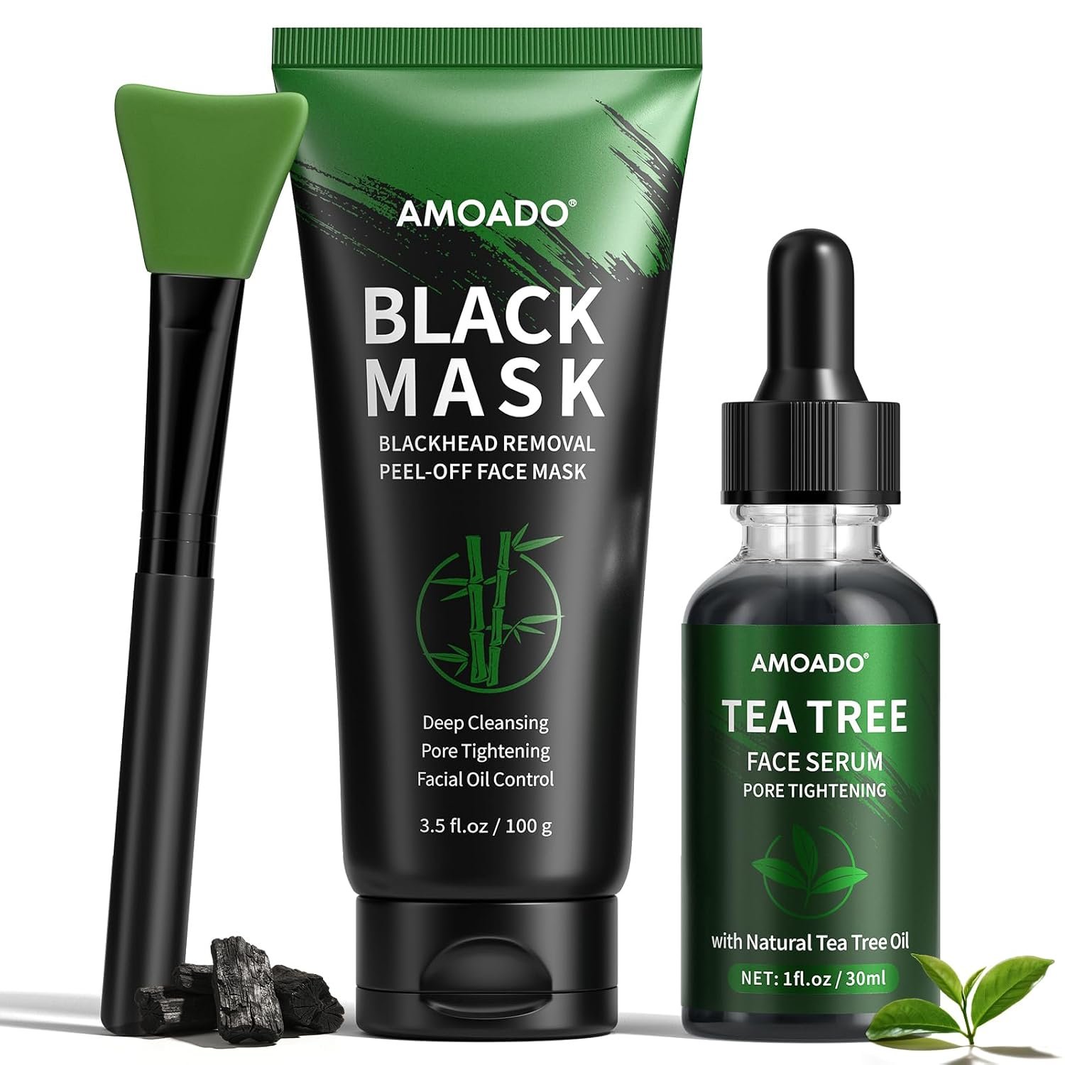 AMOADO Blackhead Remover Peel Off Face Mask, Black Mask & Tea Tree Oil Serum Duo Set, 2-in-1 Deep Cleansing and Pore Tightening, Charcoal Face Mask Peel Off Blackheads Removal