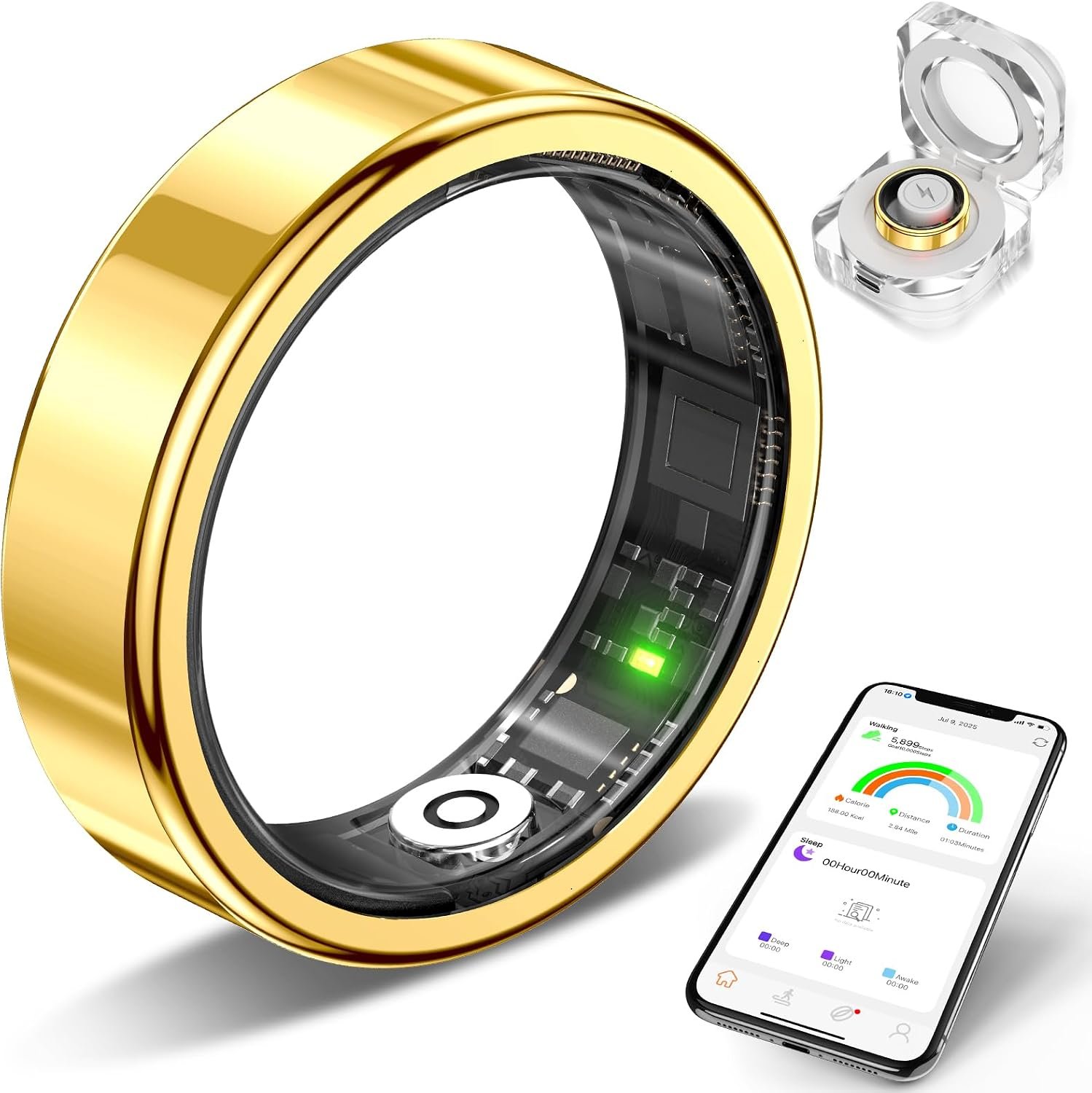 Smart Ring Fitness Tracker, Sleep & Health Tracking Ring for Men Women | Sleep & Fitness Monitor with Heart Rate Sensor, 5ATM Waterproof Tracker for Men & Women, iOS & Android Compatible (Gold, 12)