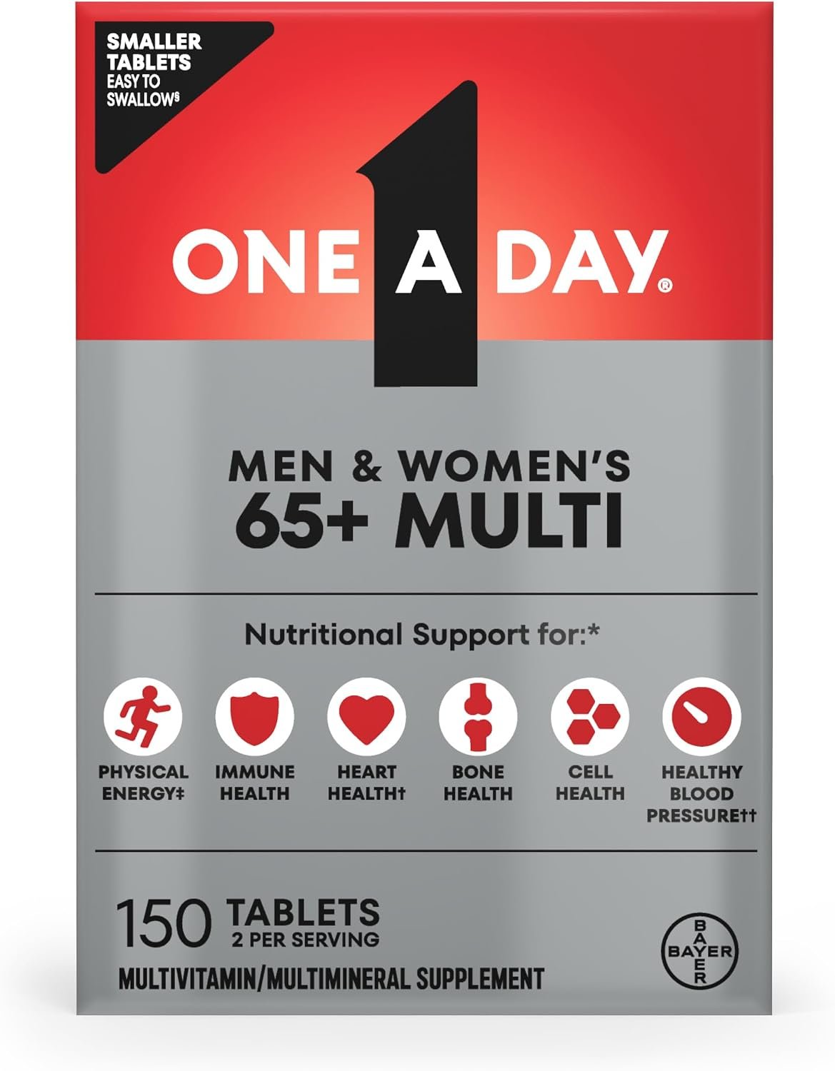 One A Day Proactive 65+, Mens & Womens Multivitamin, Supplement with Vitamin A, C, D, and Zinc to Support Bone Health & Cell Health, Calcium, Folic Acid, Tablet 150 Count