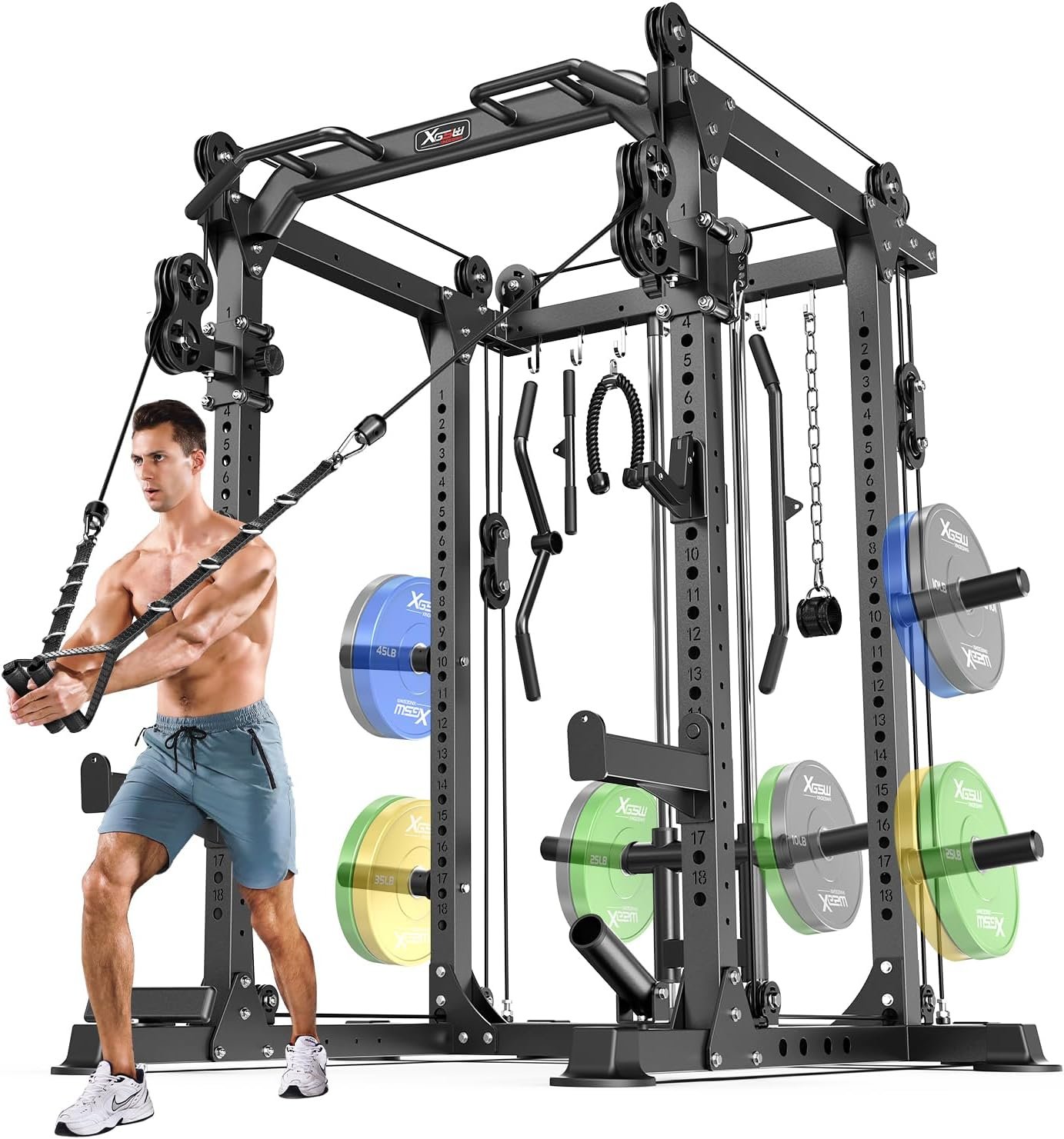 Power Rack Power Cage Multi-Function Squat Rack with Cable Crossover System Selectable More Training Attachment Power Rack for Garage & Home Gym
