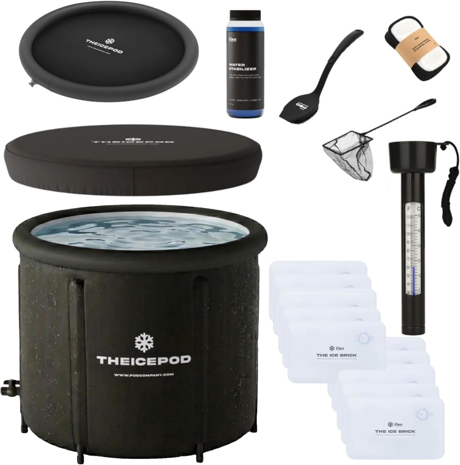 The Pod Company – The Original Ice Pod 84-Gallon Ice Bath Bundle – Portable Cold Plunge Tub with Insulated Lid, Thermometer, Water Stabilizer, 12 Ice Bricks & Cleaning Kit for Recovery & Wellness