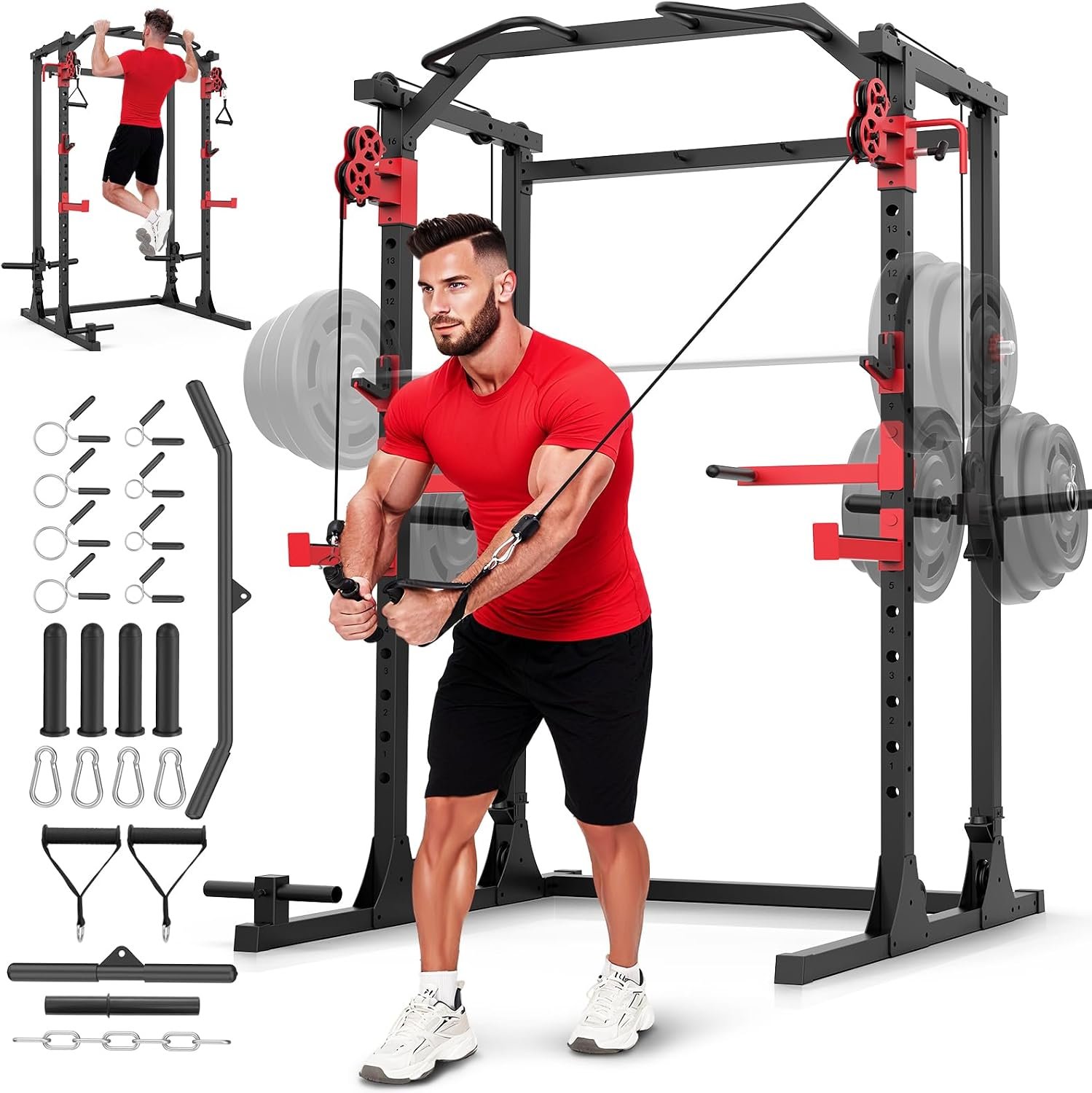 OPPSDECOR Power Cage, 2000LBS Squat Rack with Dual Pulley Cable Crossover System, Multifunctional Power Rack with More Training Attachments for Home Gym, Weight Cage Fits Compact Space