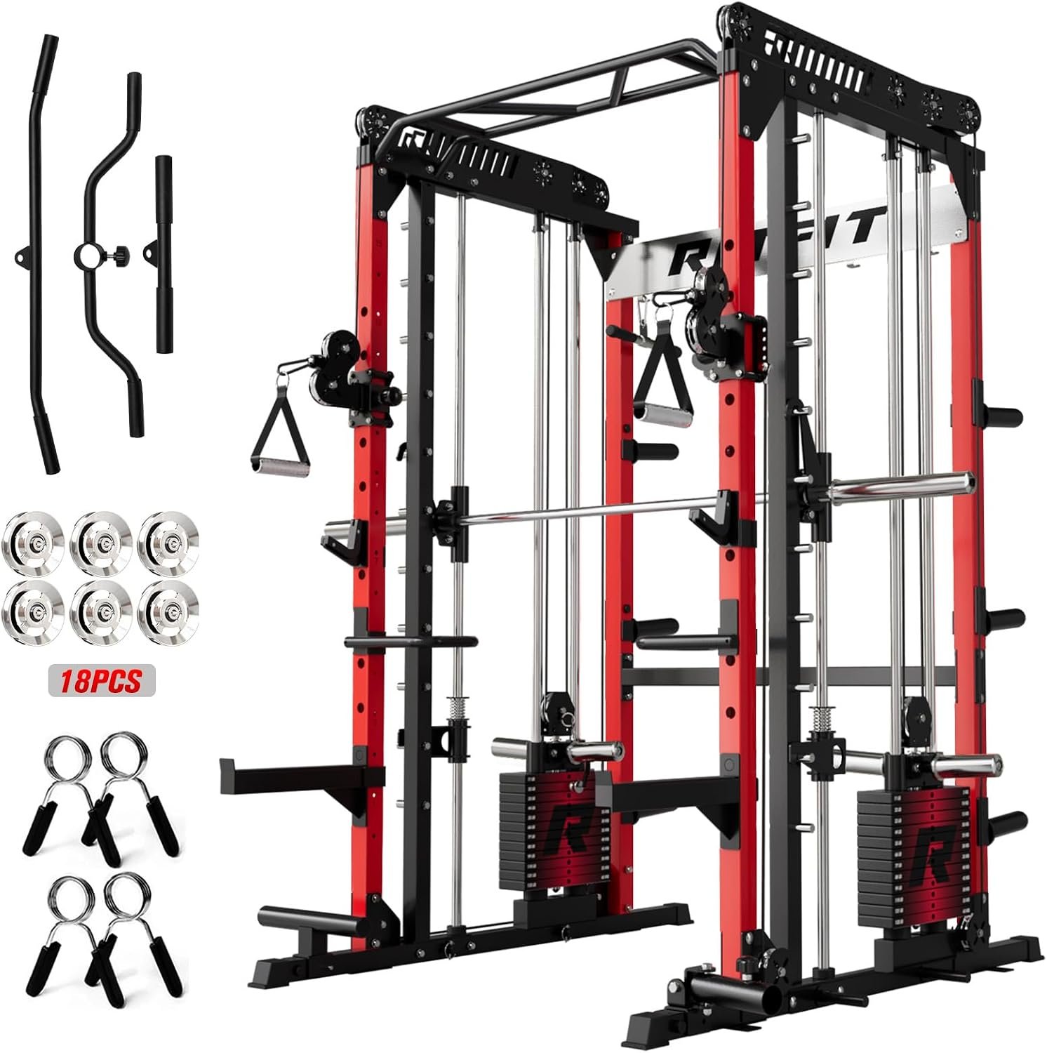 RitFit M1 Pro Smith Machine with Weight Stack Package Power Cage Home Gym | Dual Cables, Barbell & Handles, Cable Crossover, ALL-in-1 Home Gym, 1850LBS Capacity
