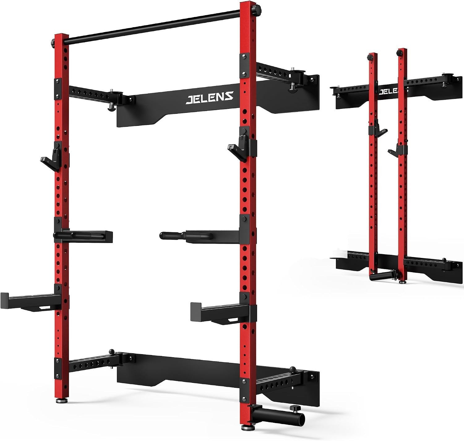 JELENS FS01 Folding Squat Rack, Wall Mounted Power Rack for Home Gym, Space Saving Multi-Functional Power Cage with More Attachments