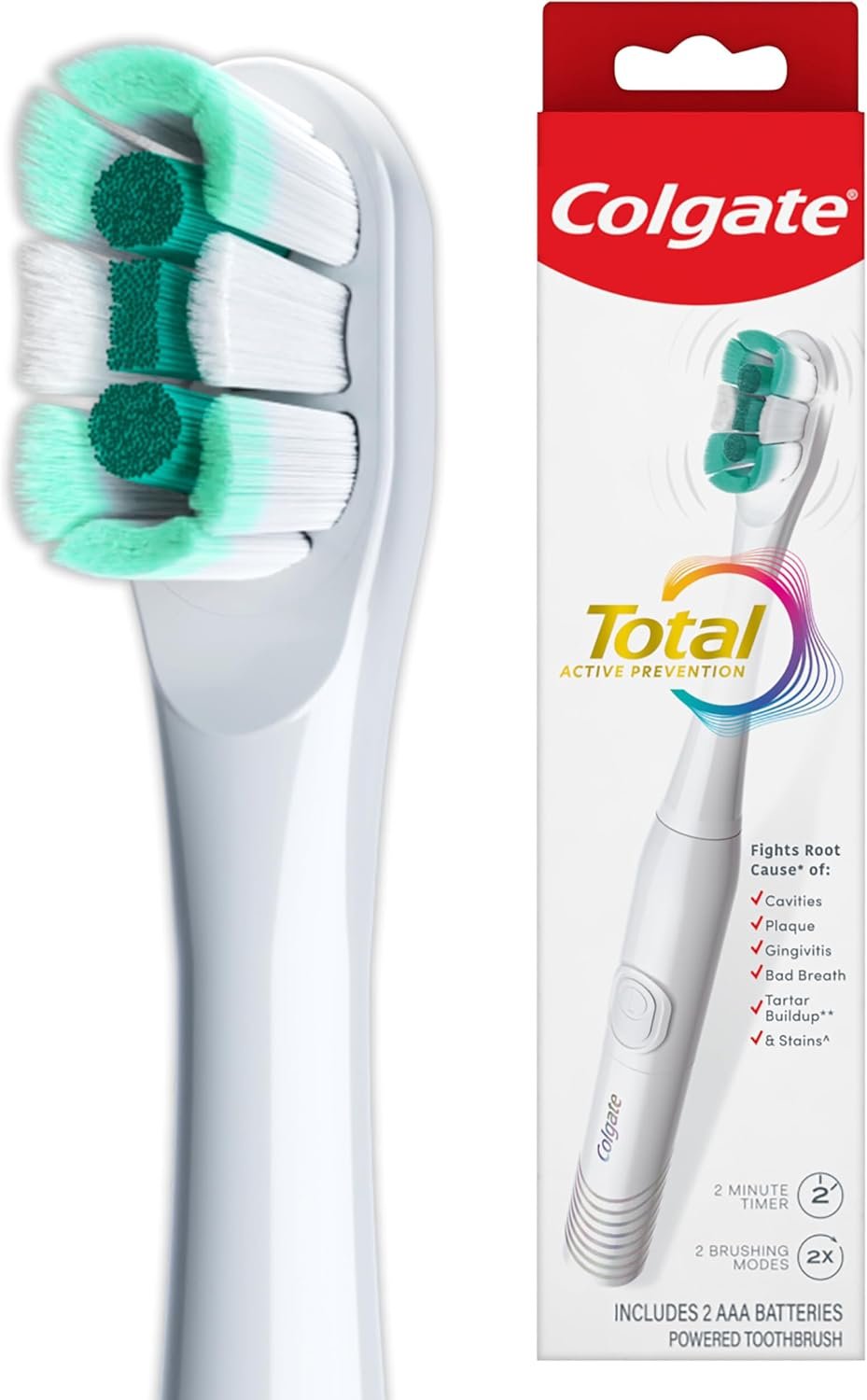 Colgate Total Adult Battery Powered Electric Toothbrush, White, Soft | Includes 2 AAA Batteries, Built-In 2 Minute Timer, 2 Brushing Modes, Powers Away Bacteria, Soft High-Density Bristles