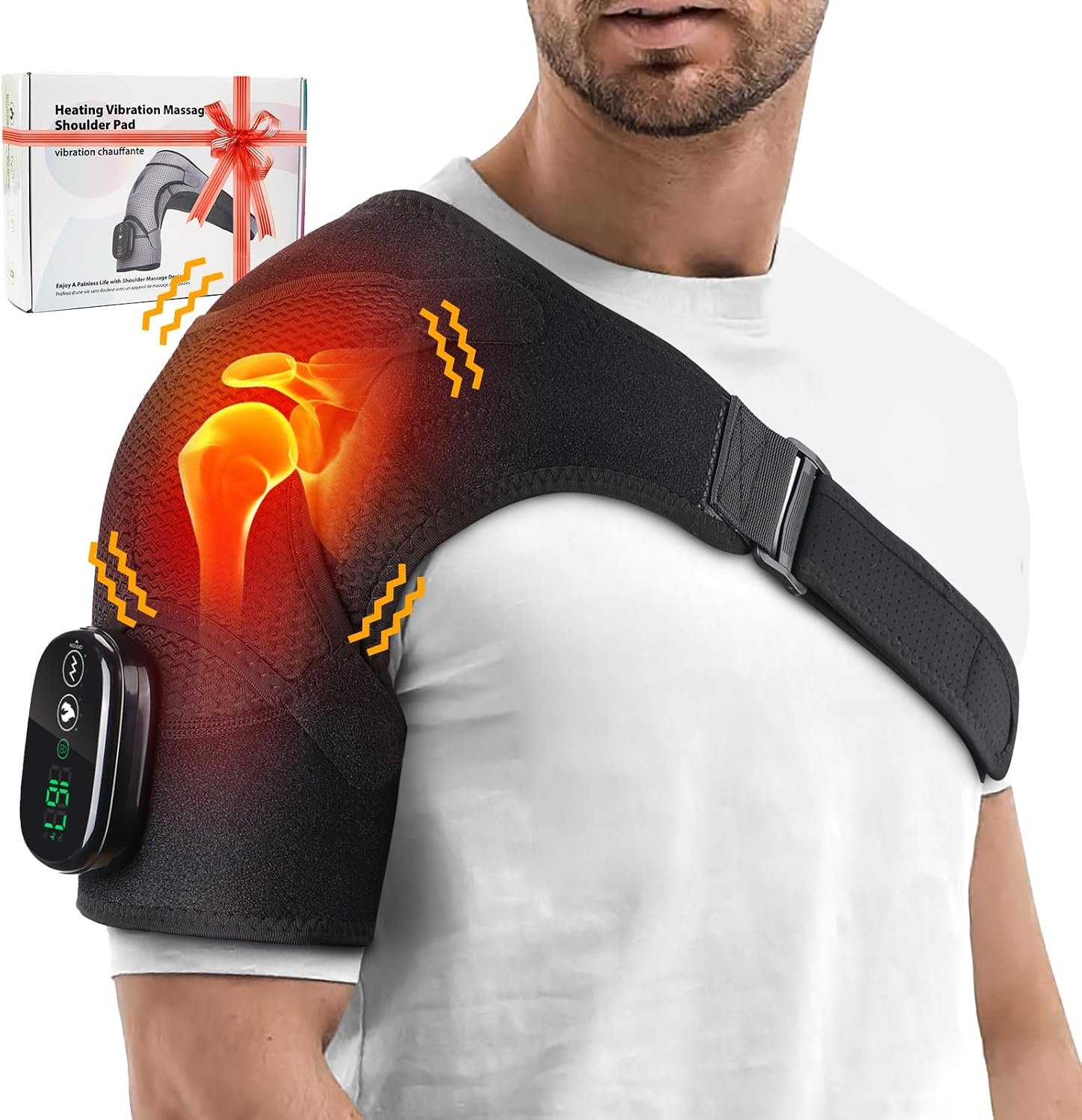 Cordless Portable Shoulder Heating Pad & Massager, Heating Vibration Shoulder Wrap, Shoulder Brace for Pain Relief, Rotator Cuff Support for Men & Women, Black | Portable Shoulder Brace Wrap with 3 Heat Levels, Pain Relief, 3 Vibration Modes, Adjustable Fit, with a 5000mAh Battery