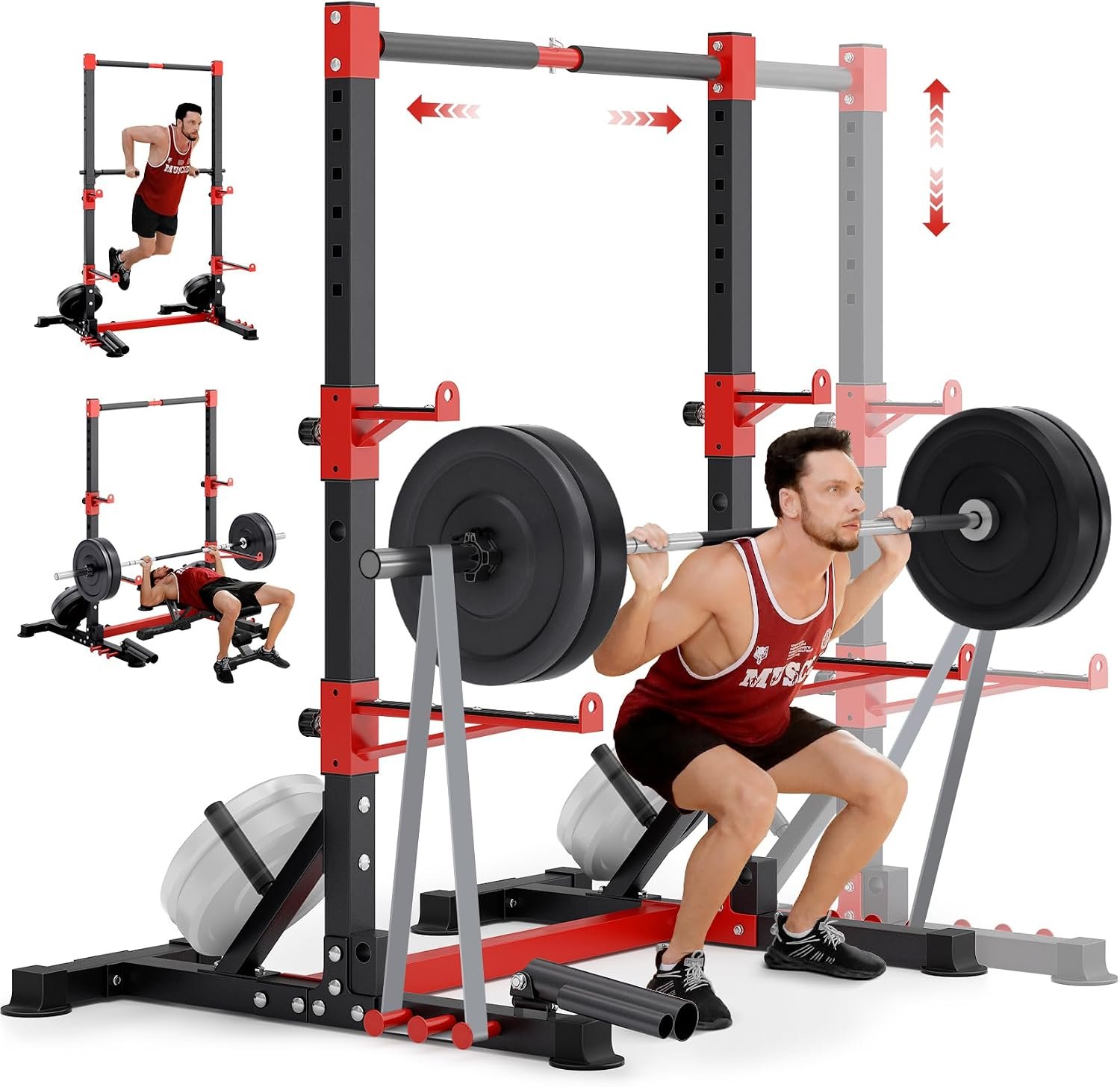 YOLEO Smith Machine & Squat Rack Combo, Multi-Functional Power Racks with Adjustable Width & Pull-Up Bar, Cable Crossover Power Cage, Independent Dual-Pulley System for Home Gym Garage Basement