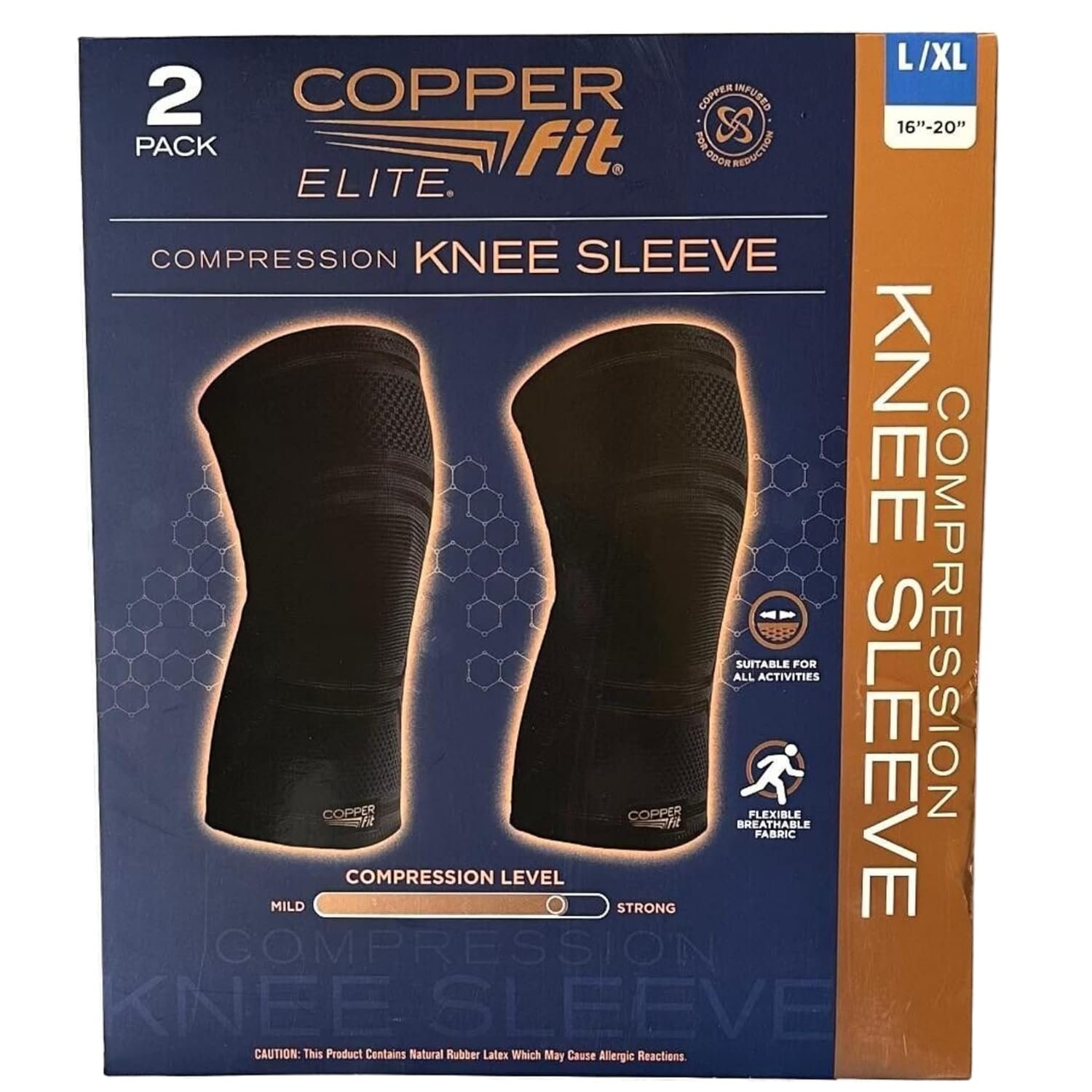Copper Fit Elite Knee Compression Sleeve Knee Brace 2-Pack, Black (Large/X-Large, 16”-20”),2.0 Count