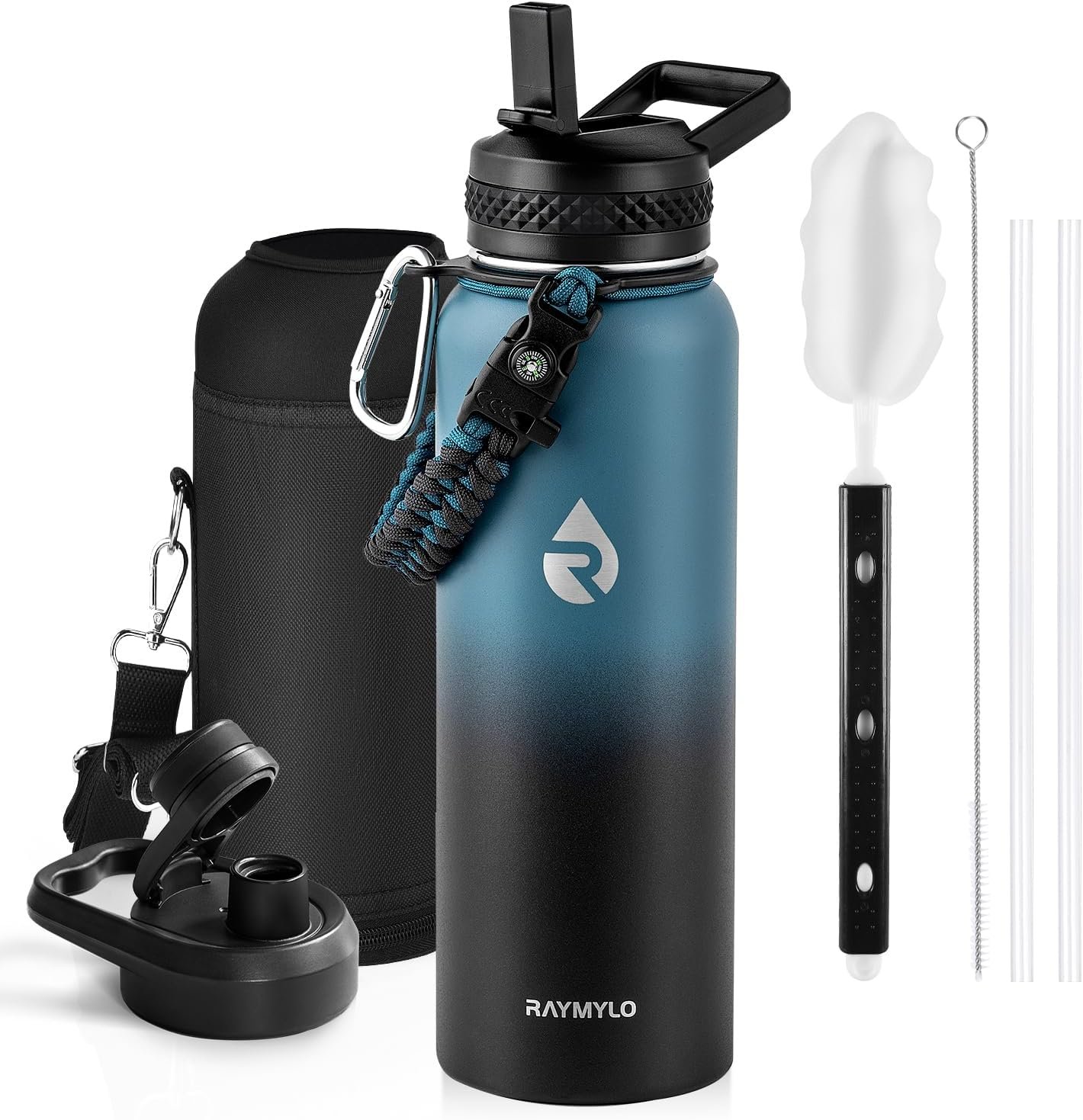 RAYMYLO Insulated Water Bottle 40 oz, Triple Wall Vacuum Stainless Steel | (Cold for 36Hrs, Hot for 18Hrs), Leak Proof & Non-BPA, Modern Water Flask Jug with Paracord Handle & Straw Spout Lids