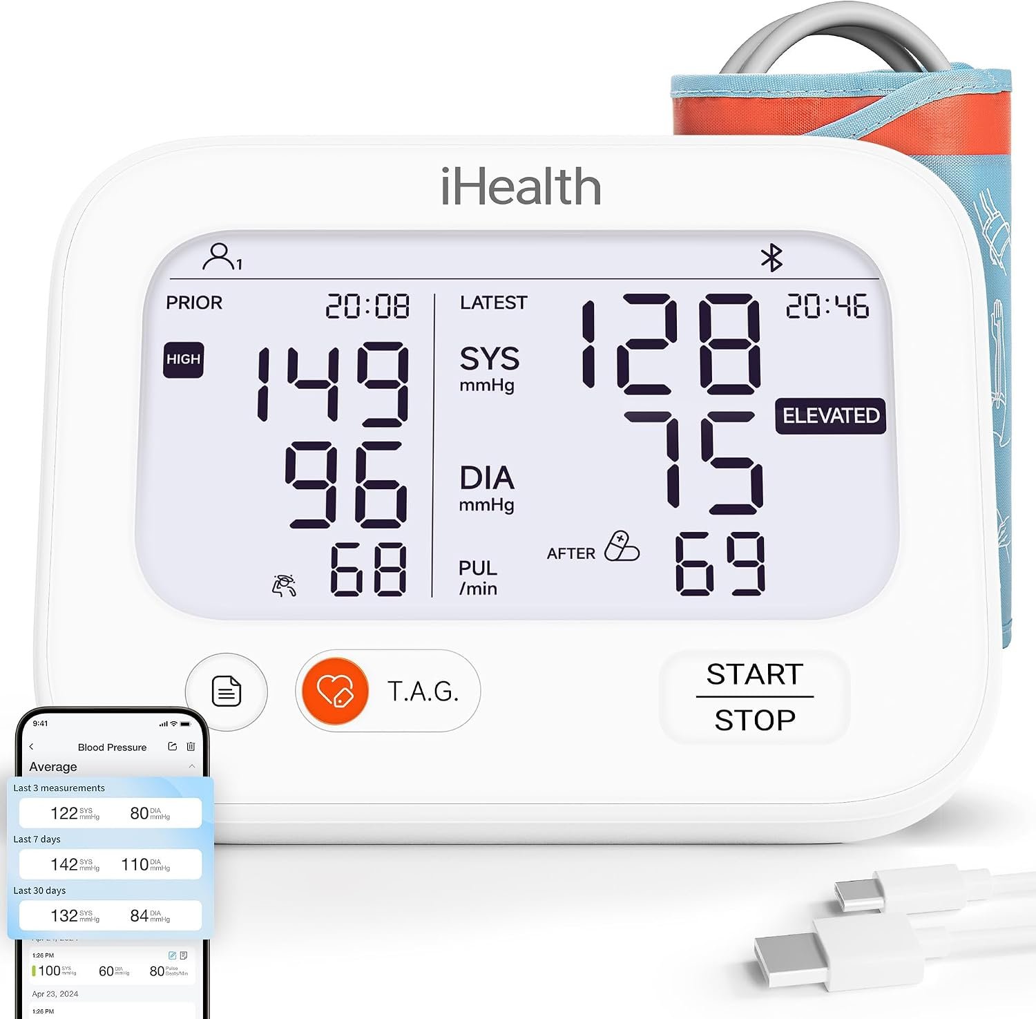 iHealth Jurni Smart Blood Pressure Monitor for Home Use, Rechargeable & High-Contrast Dual Display Upper Arm Blood Pressure Cuff for 2 Users, Clinically Validated, App-Enabled for iOS & Android