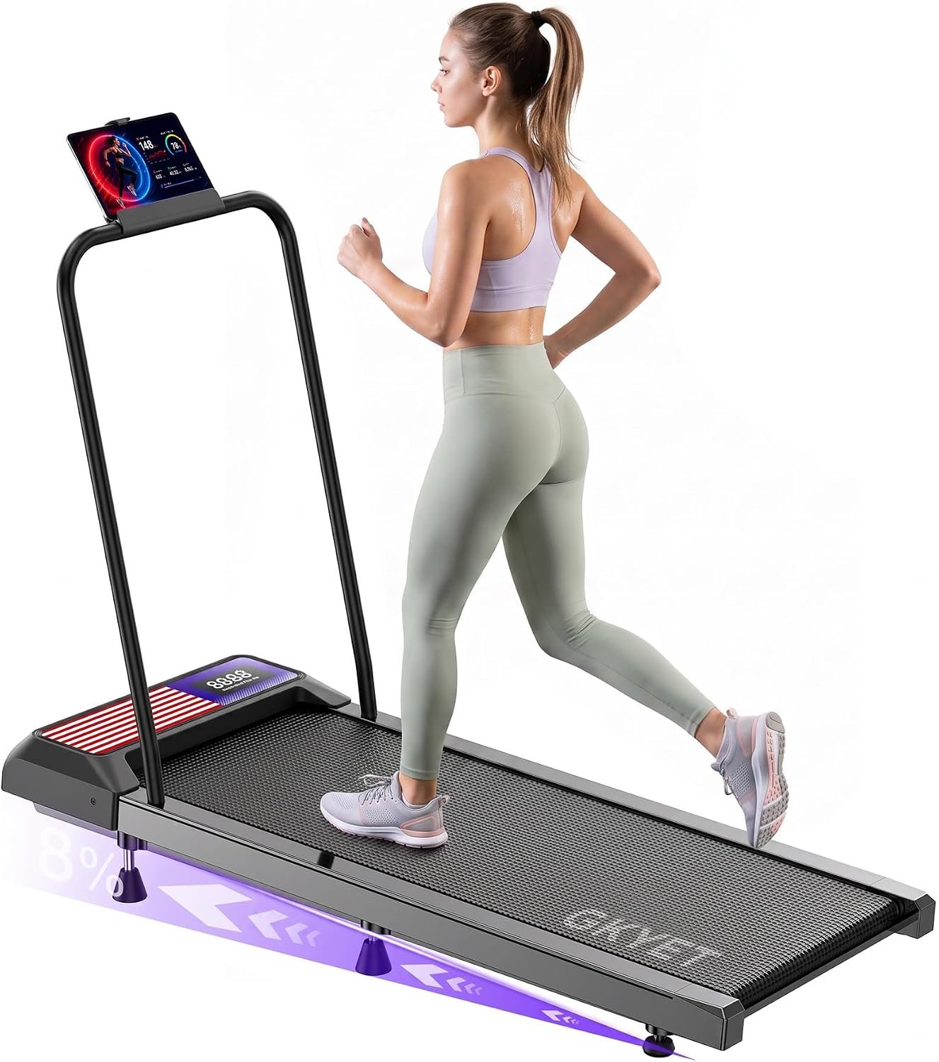 Walking Pad Treadmill with Handle Bar, 8% Incline Under Desk Treadmill | 2.5HP quiet motor, 265 lb capacity, 0.6-4 MPH speed, 15 x 35.4 in belt, compact for home office and small spaces