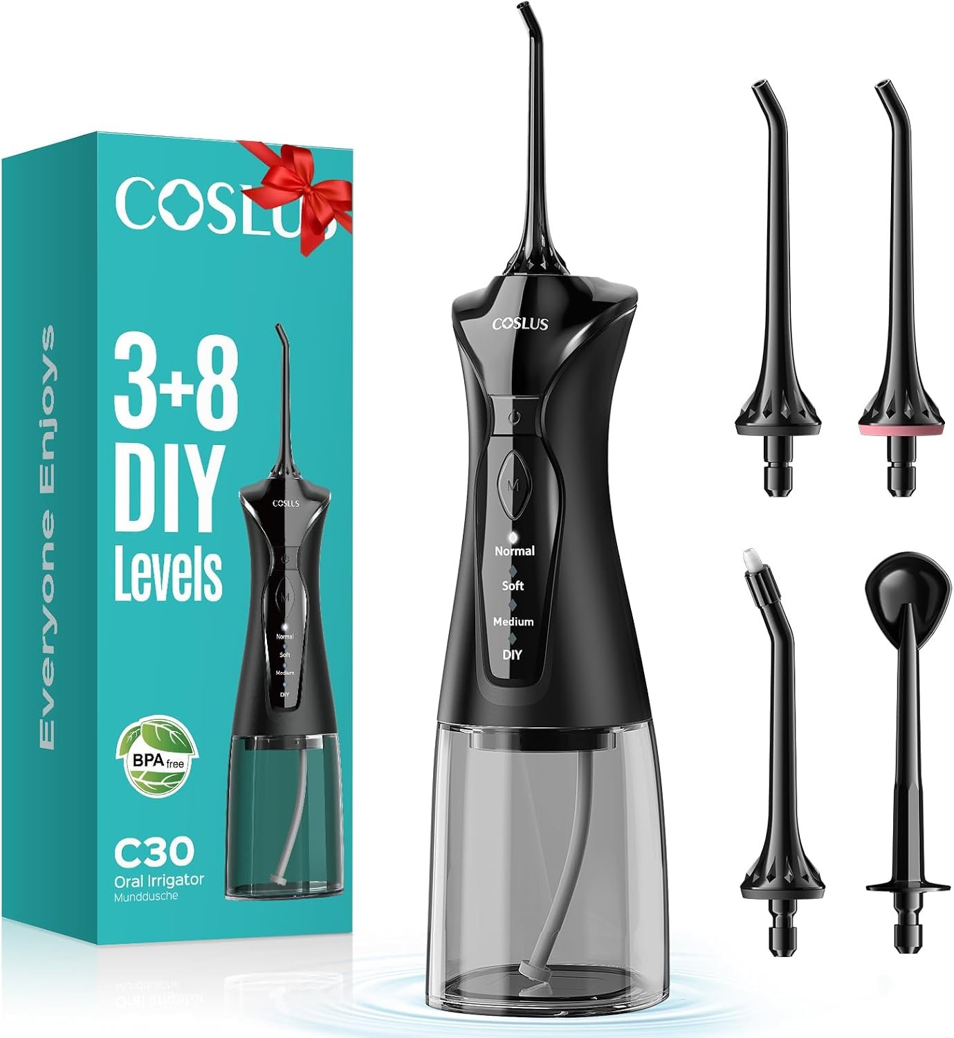 COSLUS C30 Portable Water Dental Flosser Pick Teeth, Upgraded DIY Mode | 300ML Larger Tank, 4 Modes for Family Gentle & Precision Oral Care, Cordless Portable for Home Travel Use, Black, 1Pcs