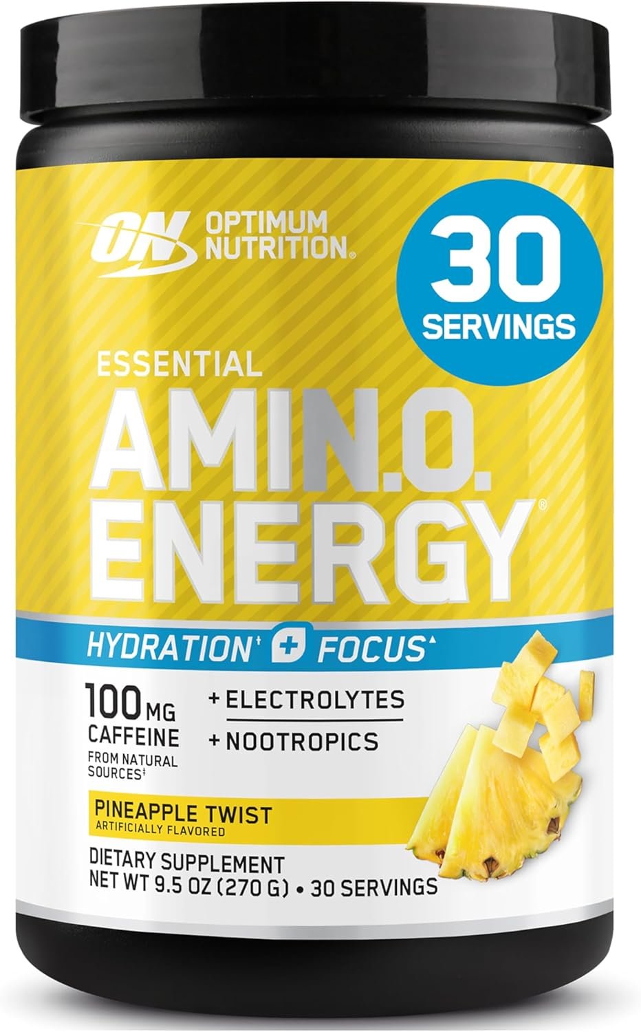 Optimum Nutrition Amino Energy Powder Plus Focus, with BCAA, Electrolytes, and Caffeine, Pineapple Twist, 30 Servings (Packaging May Vary)