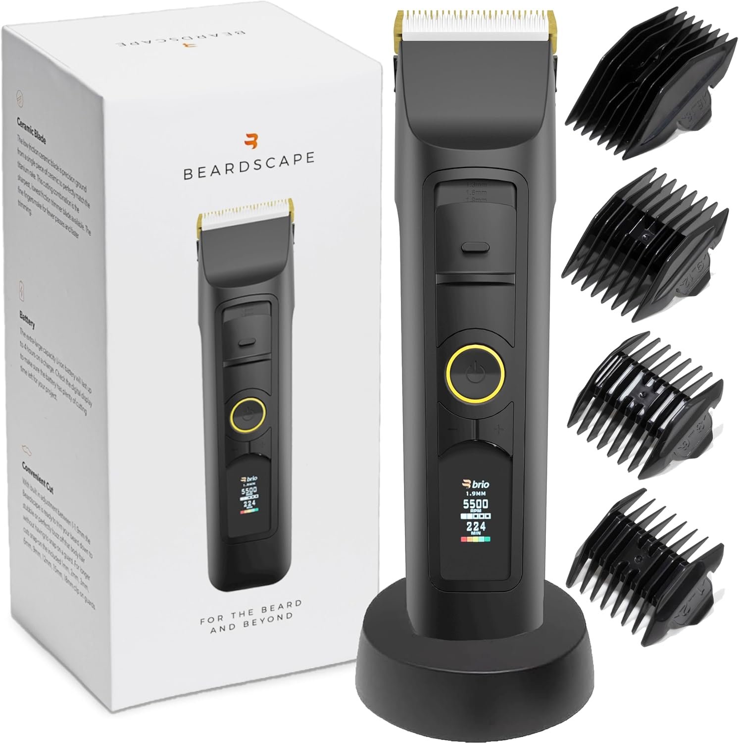 Brio Beardscape V2 Cordless Beard Trimmer for Men with Ceramic Blade, Black | Beard Trimmer, interchangeable guards, Low-Friction, Precision Grooming for Beard & Body 4-Hour Battery Time