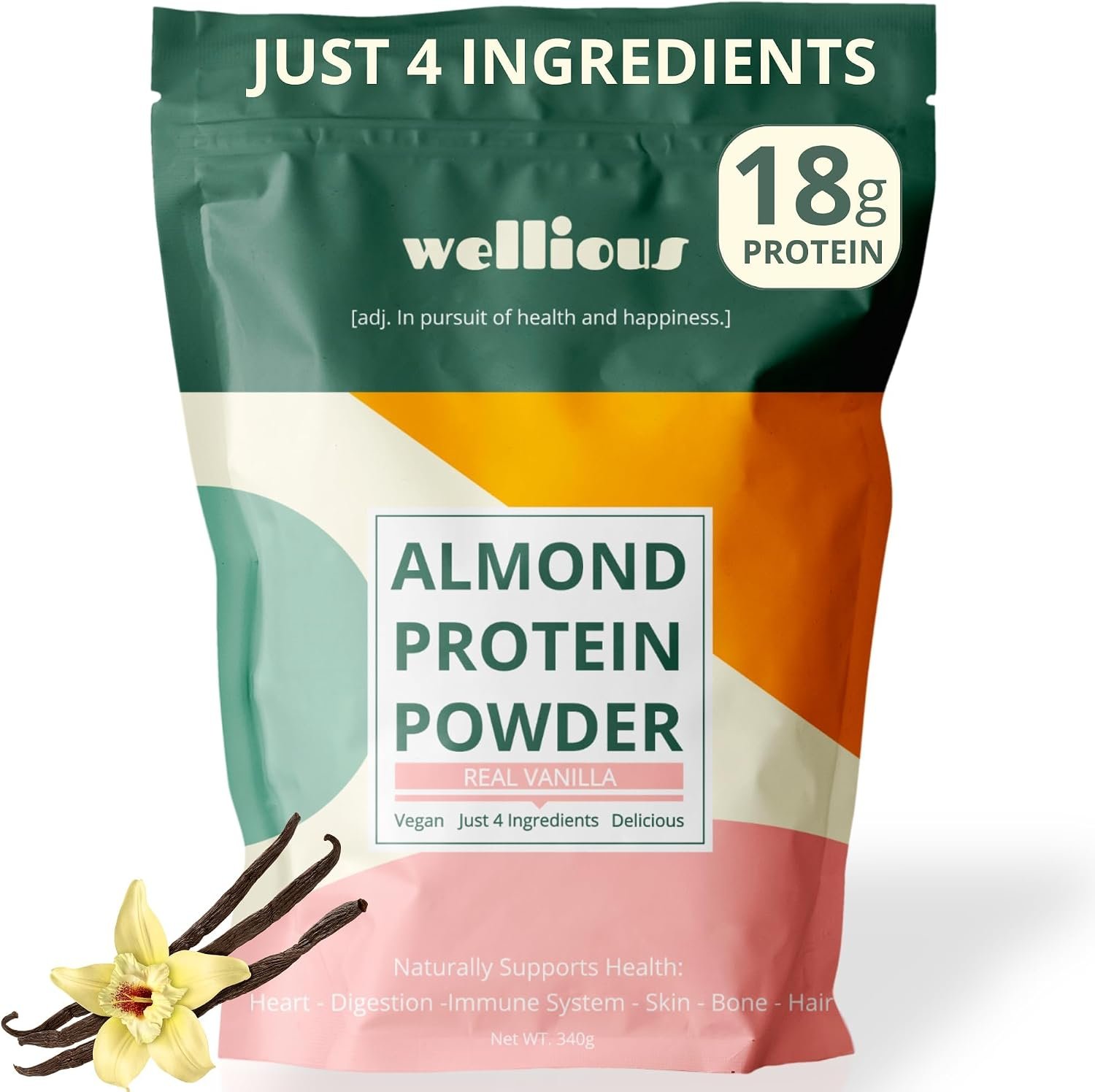 wellious Almond Vegan Protein Powder, Vanilla, 18g Protein, Soy-Free | 18g plant protein from almond and chickpea proteins with vanilla and monk fruit; blends smoothly for sports nutrition.