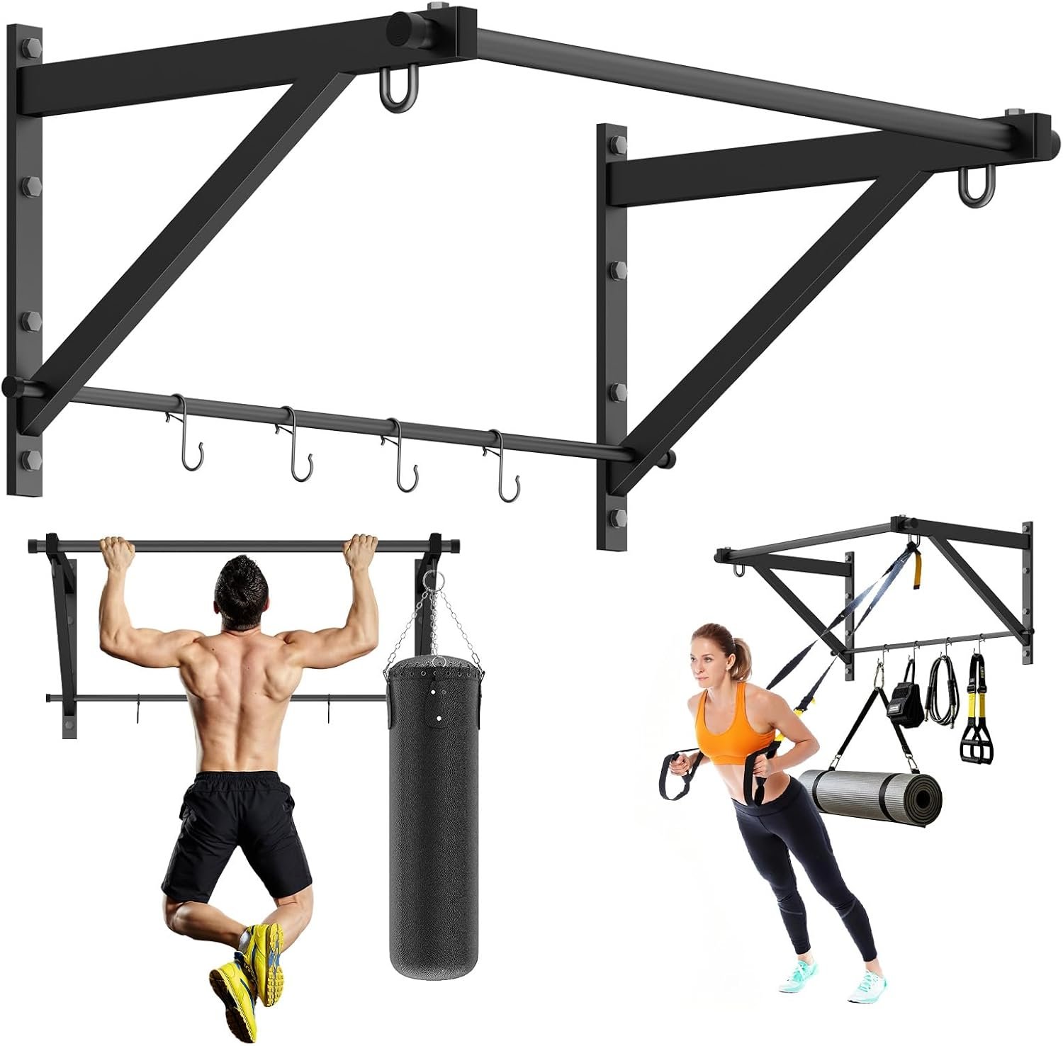 Adjustable Depth Pull Up Bar, Wall & Doorway Mounted Chin Up Bar with Hooks, Thickened Steel Construction, 500LBS Heavy Duty Capacity, Home Garage Upper Body Strength Training Equipment