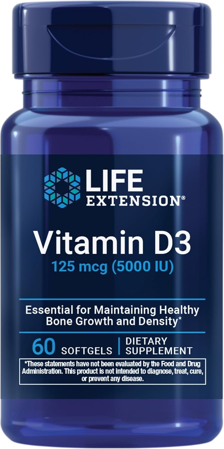 Life Extension Vitamin D3 125 mcg (5000 IU), Bone Health, Brain Performance, Immune System Support, Gluten-Free, Non-GMO, Once Daily, Two-Month Supply, 60 Softgels | Bone Health, Cognitive Health & Immune System Support, Gluten-Free & Non-GMO, Once Daily for a Two-Month Supply