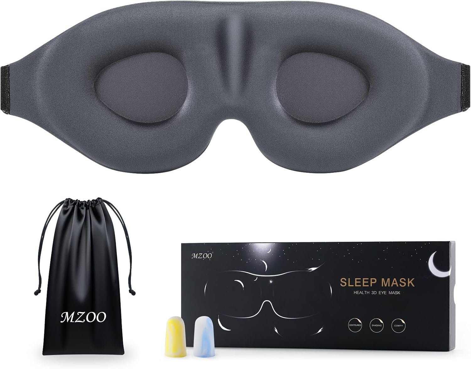MZOO Luxury Sleep Mask for Women Men Patented Light Blocking Design | Zero Eye Pressure, 3D Contoured Sleeping Mask for Side Sleeper, Breathable, Adjustable, for Travel, Grey