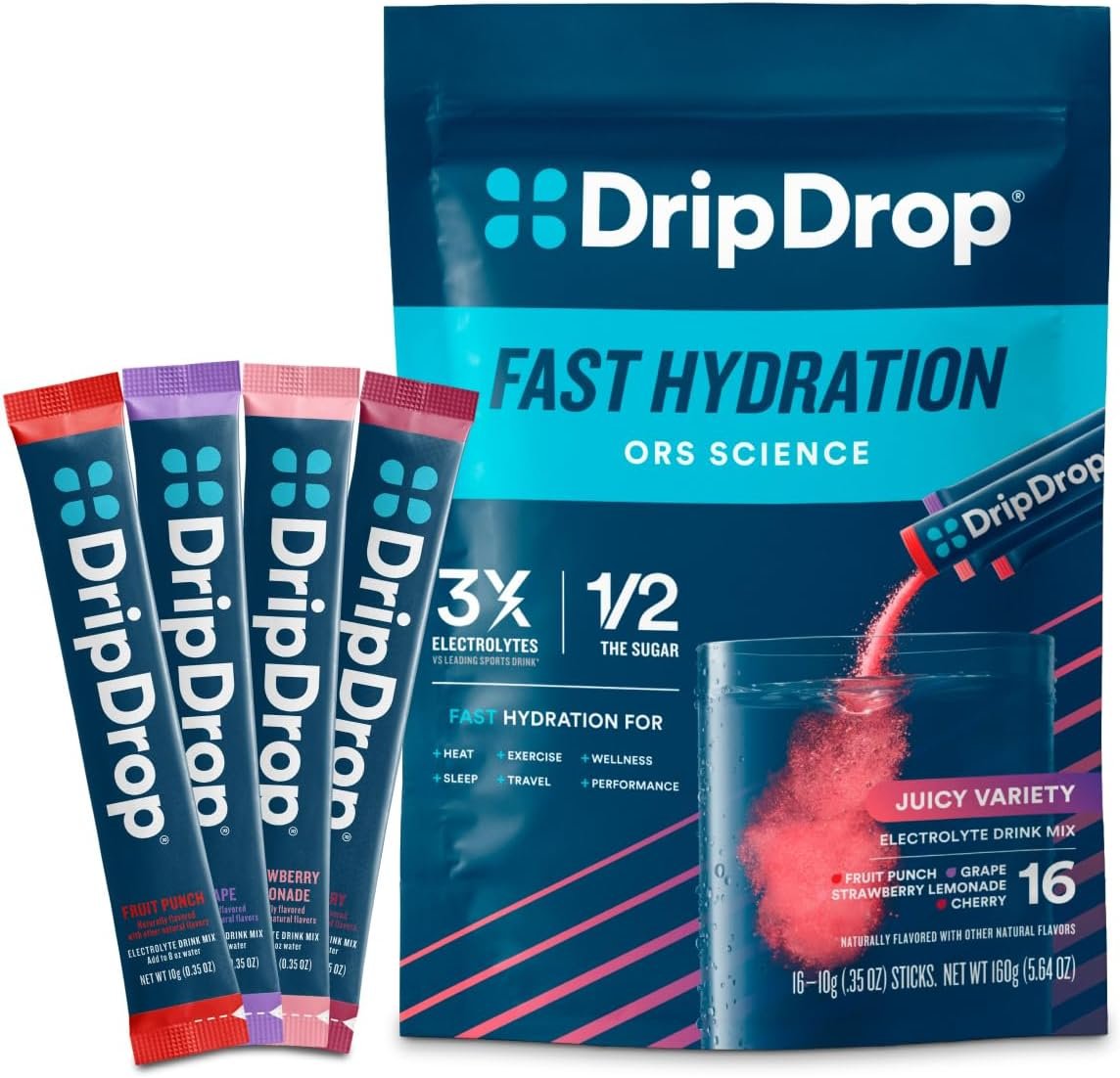 DripDrop Hydration Juicy Variety Pack, Electrolyte Packets, 16 Count | Grape, Fruit Punch, Strawberry Lemonade & Cherry; 3X Electrolytes, Vitamin C, Magnesium, Zinc; Single Serve Powder Drink Mix