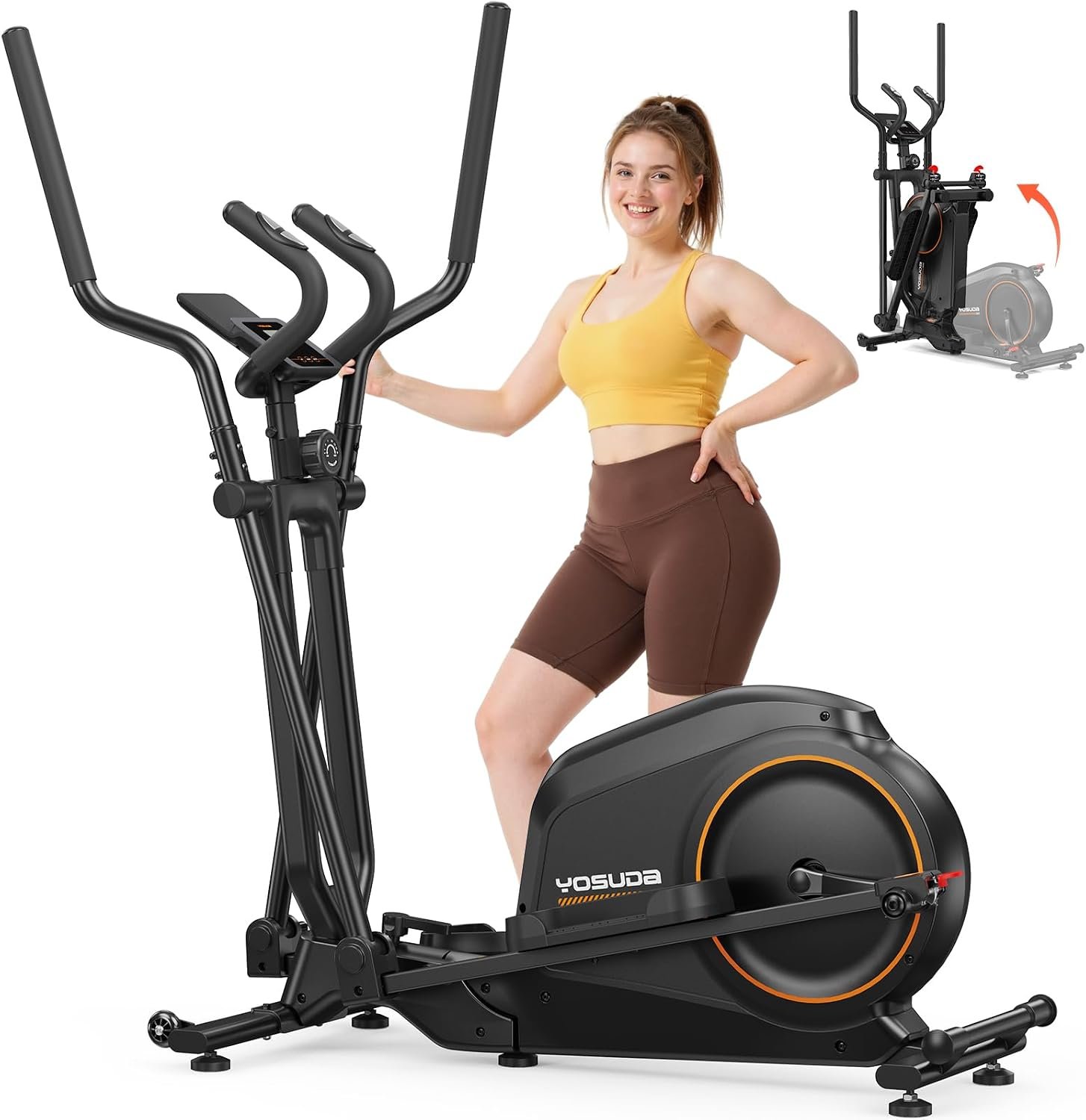 YOSUDA Foldable Elliptical Exercise Machine for Home,15IN Stride Compact Folding Elliptical Training Machine Only 2 sq ft for Small Spaces, Elliptical Cross Trainer with 16 Magnetic Resistance Levels