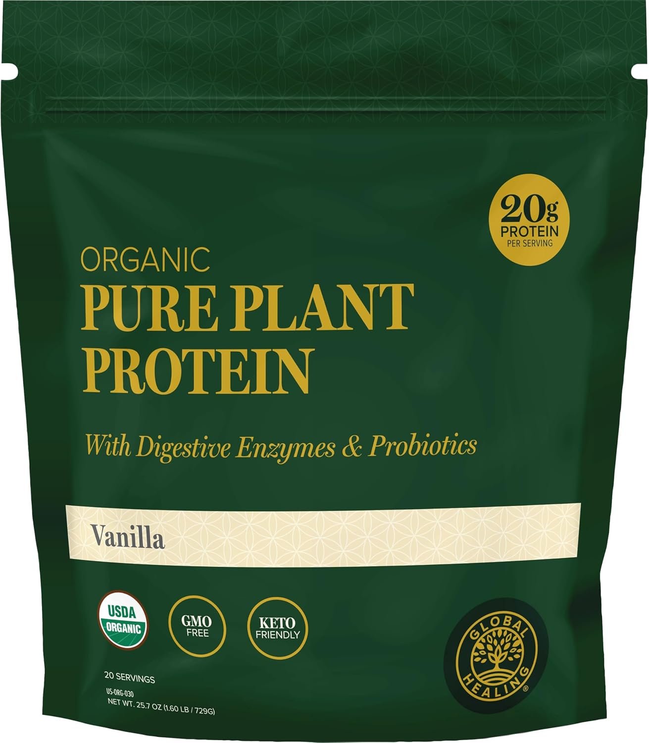 Global Healing Organic Plant Vanilla Protein Powder for Men and Women 20g – Dairy Free Protein Powder with Digestive Enzymes & Probiotics to Support Gut Health (1.6 Lbs)