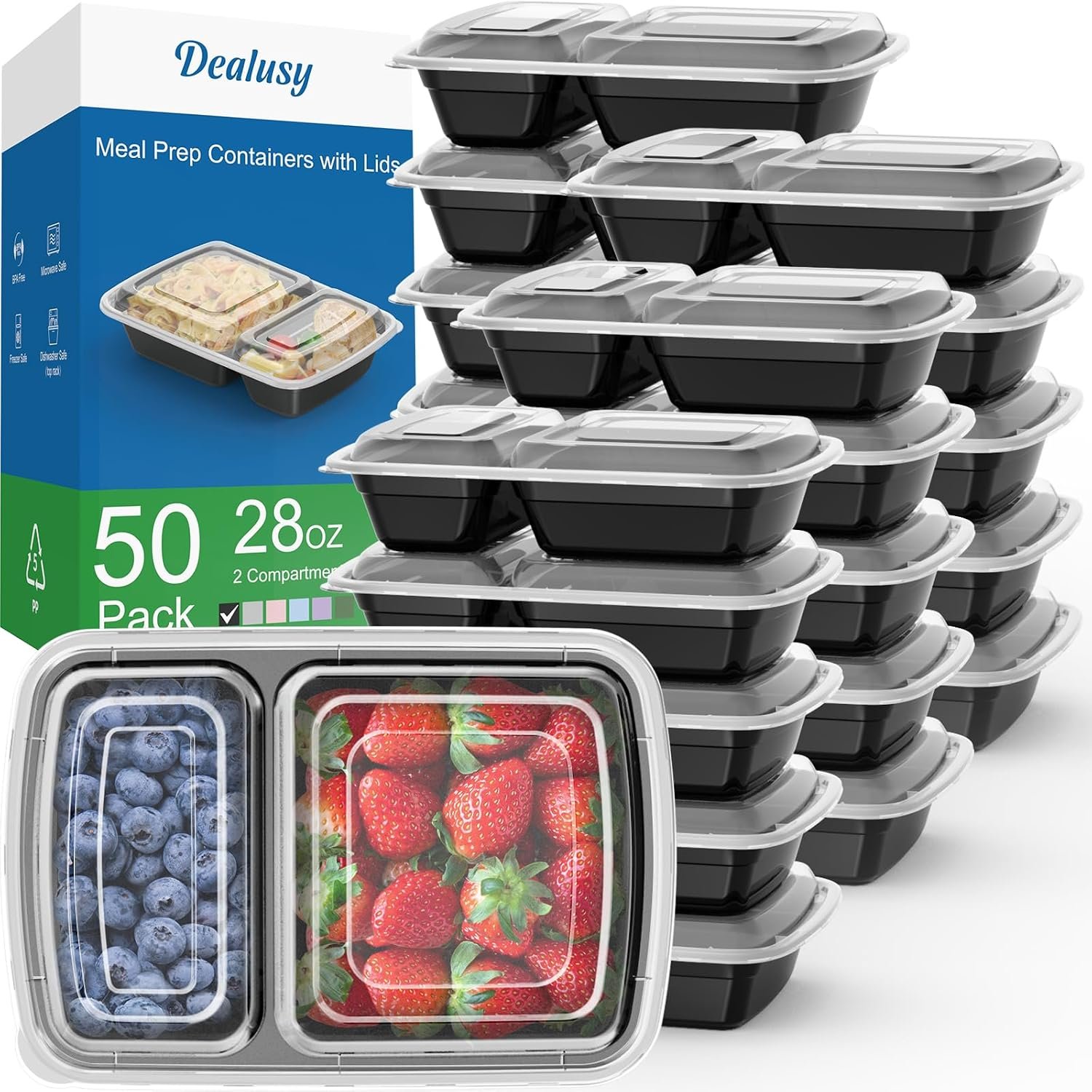 Dealusy 50 Pack 28 oz Meal Prep Containers with Lids 2-Compartment, Black | Sturdy Leakproof & Food Safe, Microwave, Freezer, Dishwasher Safe Prep Containers, To Go Take Out Plastic Food Storage