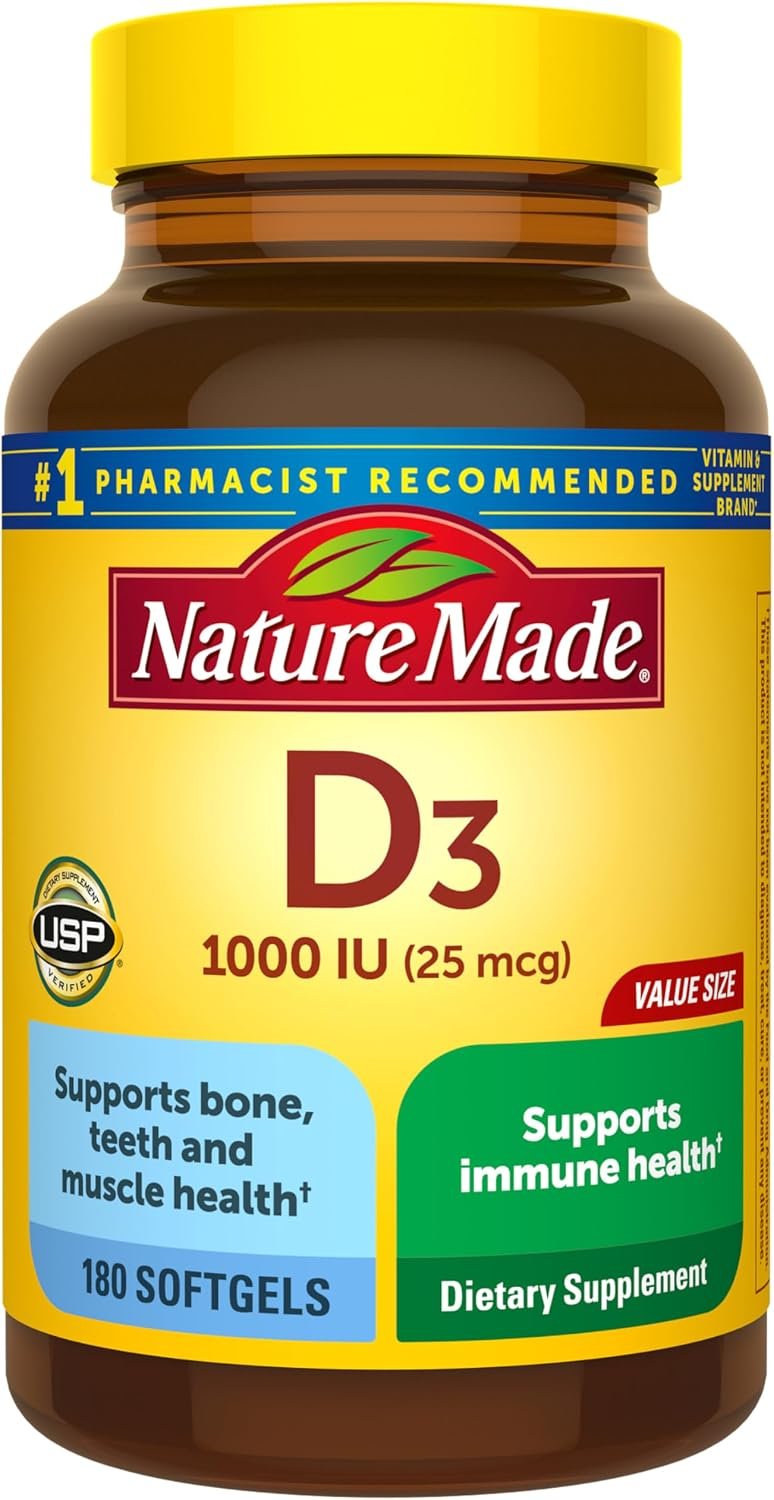 Nature Made Vitamin D3 1000 IU (25 mcg), 180 Vitamin D Softgels | Vitamin D Supplement for Immune, Bone, Teeth and Muscle Health Support, 180 Day Supply